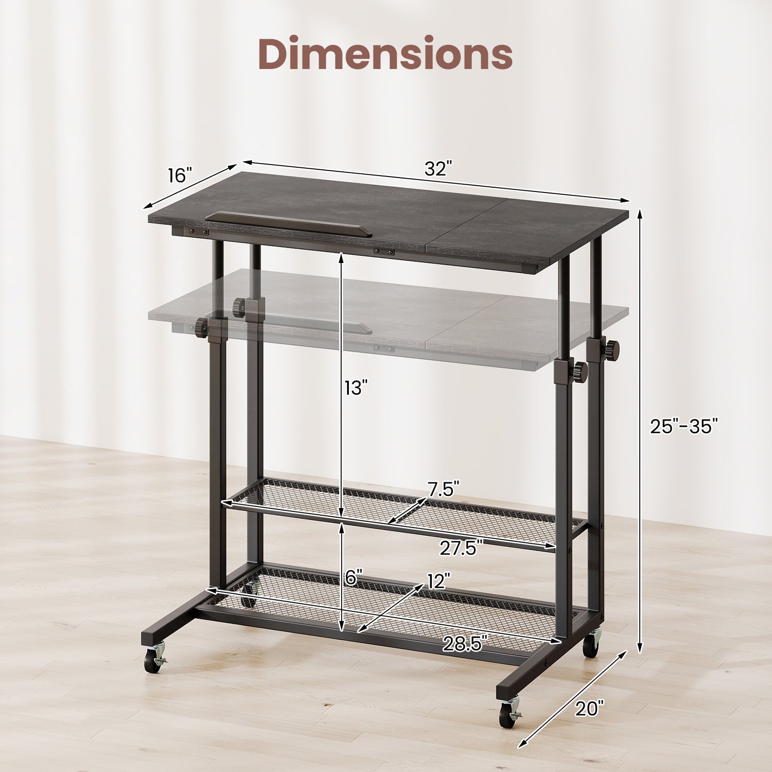 Mobile Stand up Desk Height Adjustable Standing Table with Tilting Tabletop