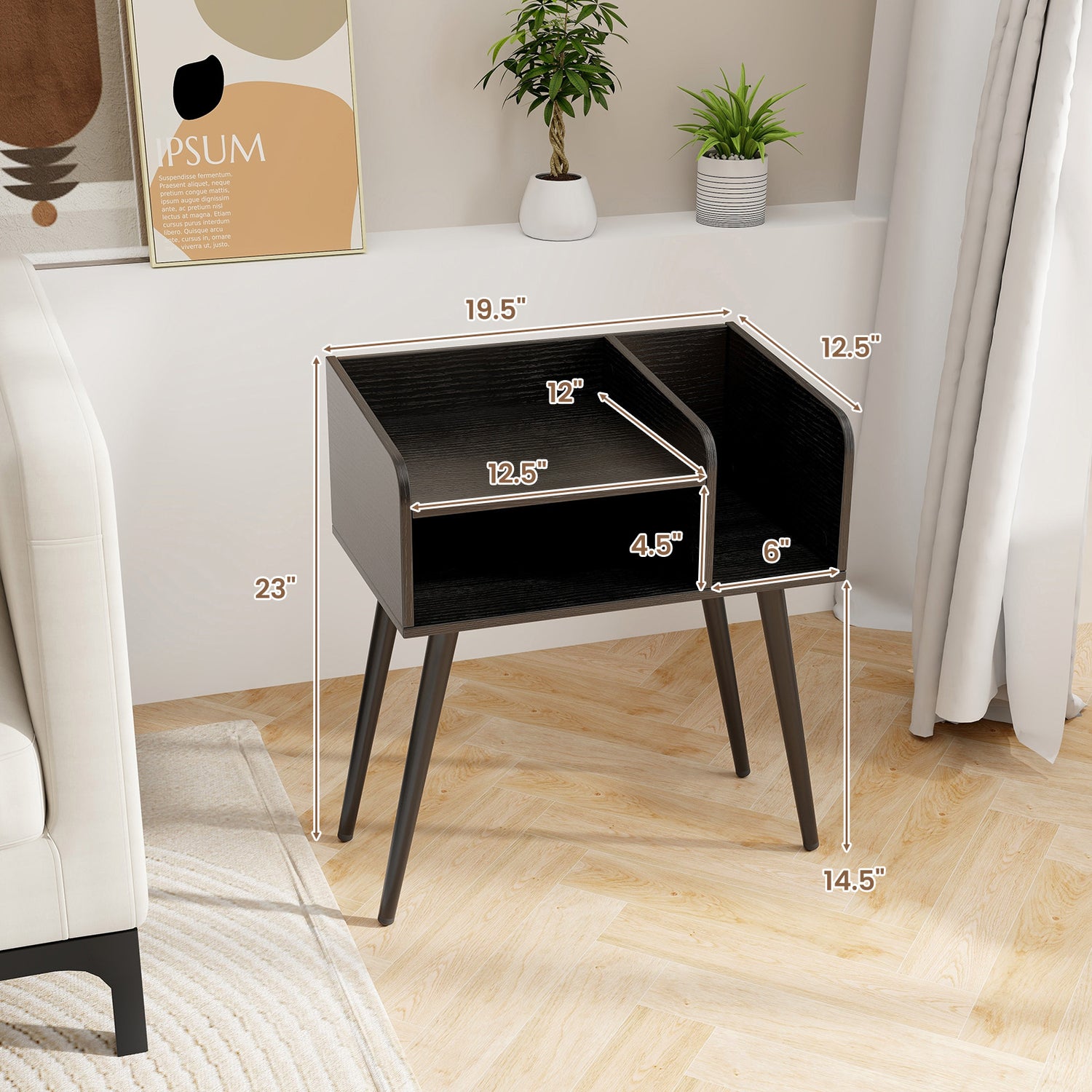 Mid Century Modern Nightstand with Open Shelves