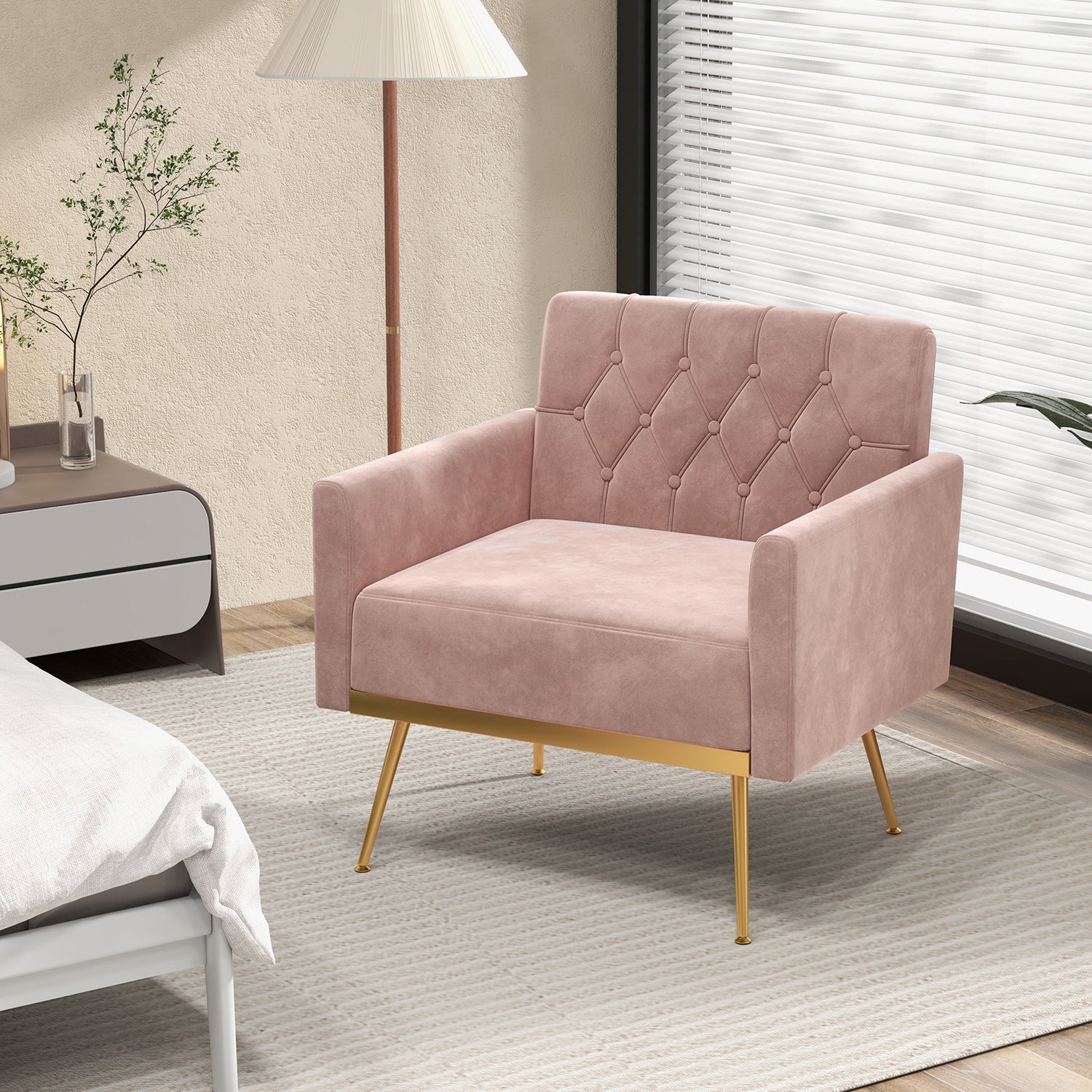 Modern Velvet Accent Chair with Button Tufted Back Golden Metal Legs and Adjustable Foot Pads