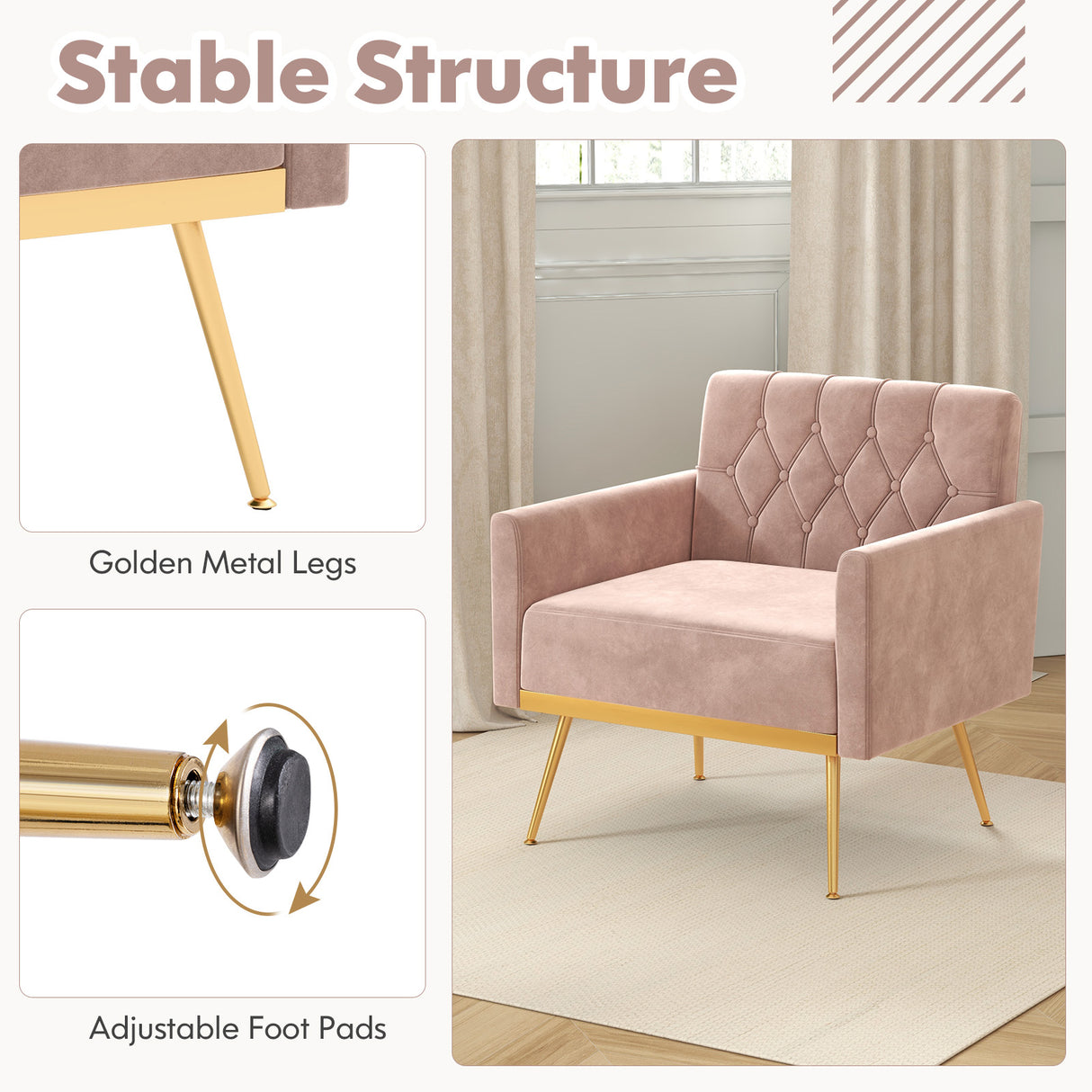Modern Velvet Accent Chair with Button Tufted Back Golden Metal Legs and Adjustable Foot Pads