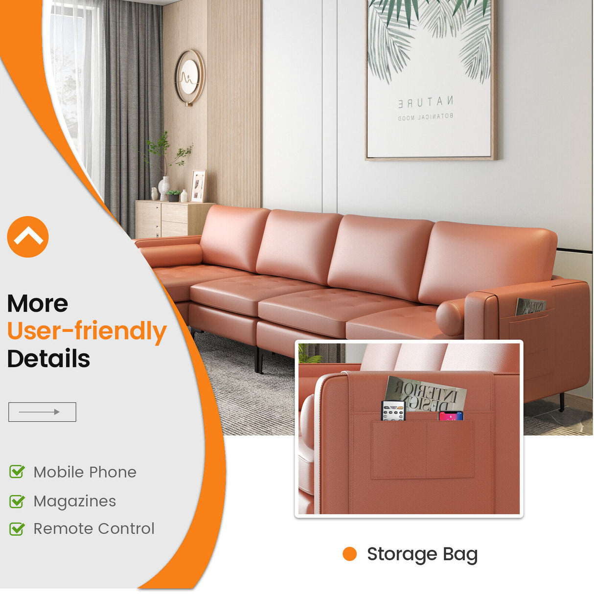 Modular L-shaped 4-Seat Sectional Sofa with Reversible Chaise and 2 USB Socket