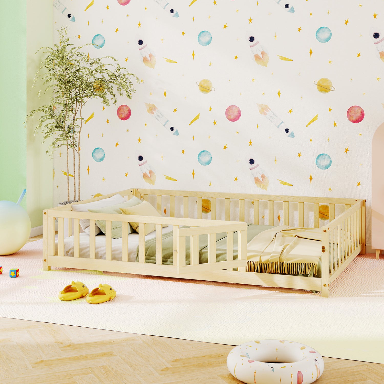 Montessori Bed Frame with Full-length Guardrails Safety Door and Latch