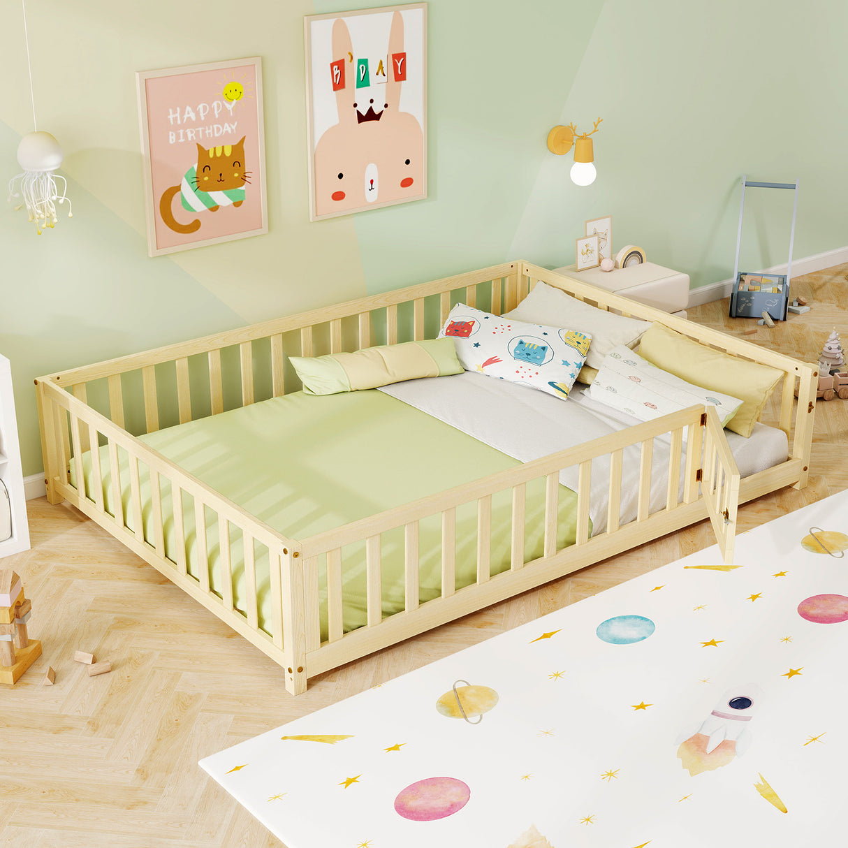 Montessori Bed Frame with Full-length Guardrails Safety Door and Latch