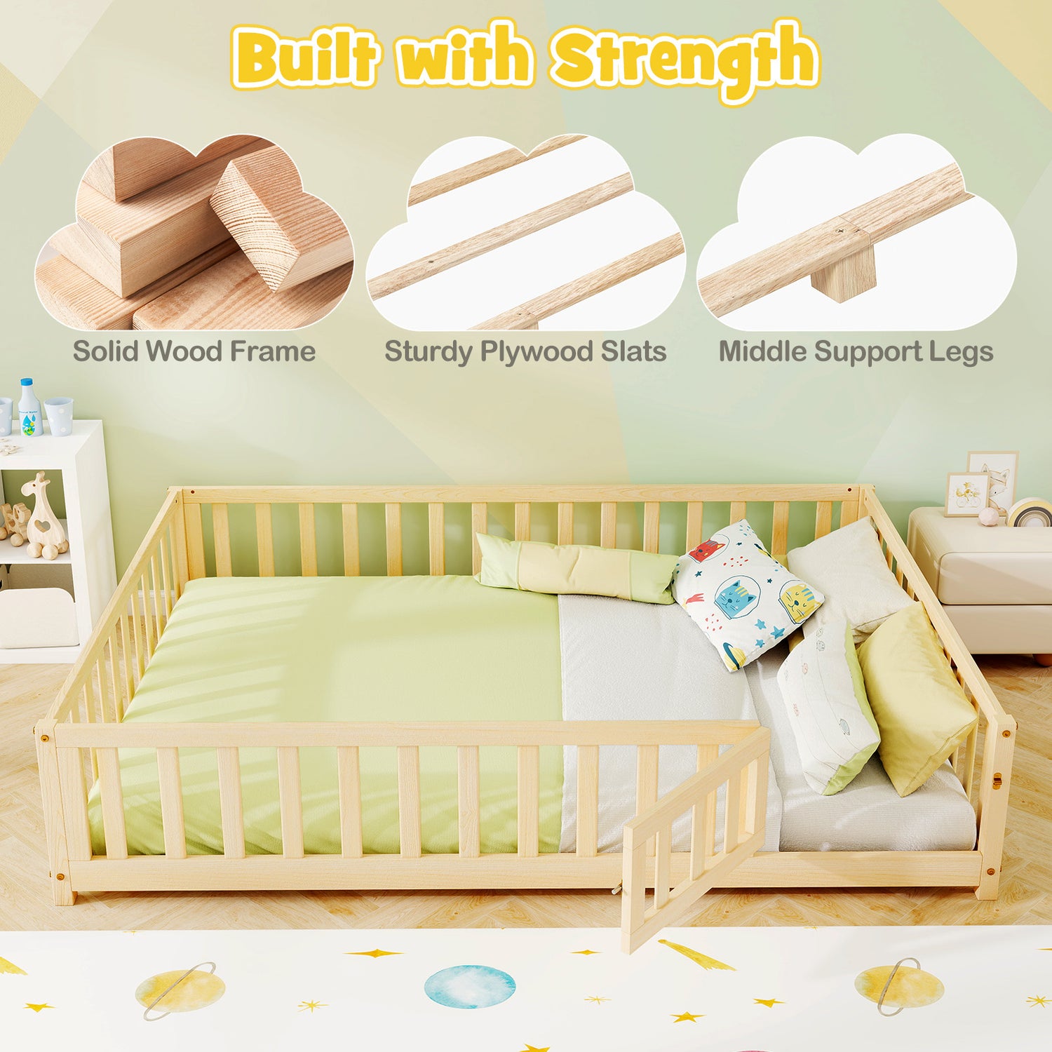 Montessori Bed Frame with Full-length Guardrails Safety Door and Latch