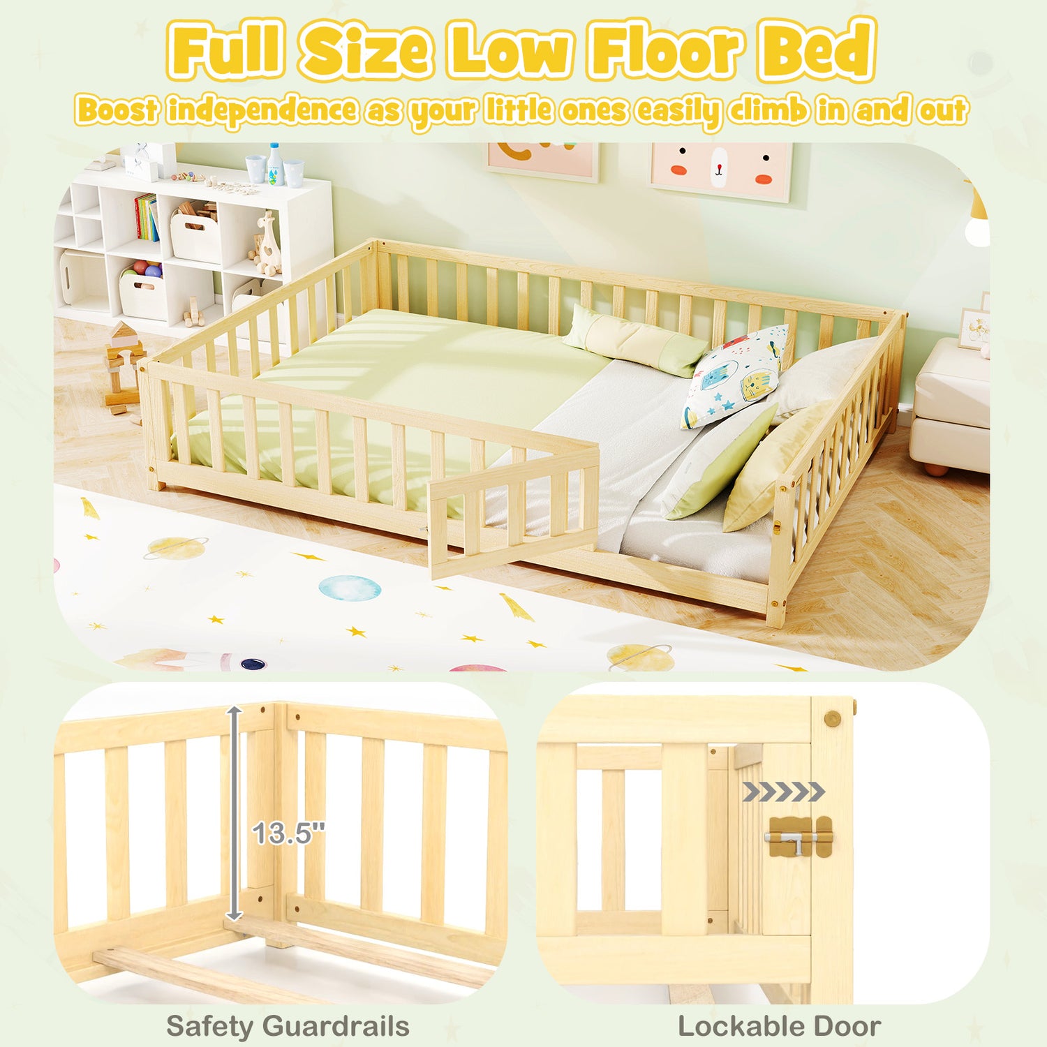 Montessori Bed Frame with Full-length Guardrails Safety Door and Latch