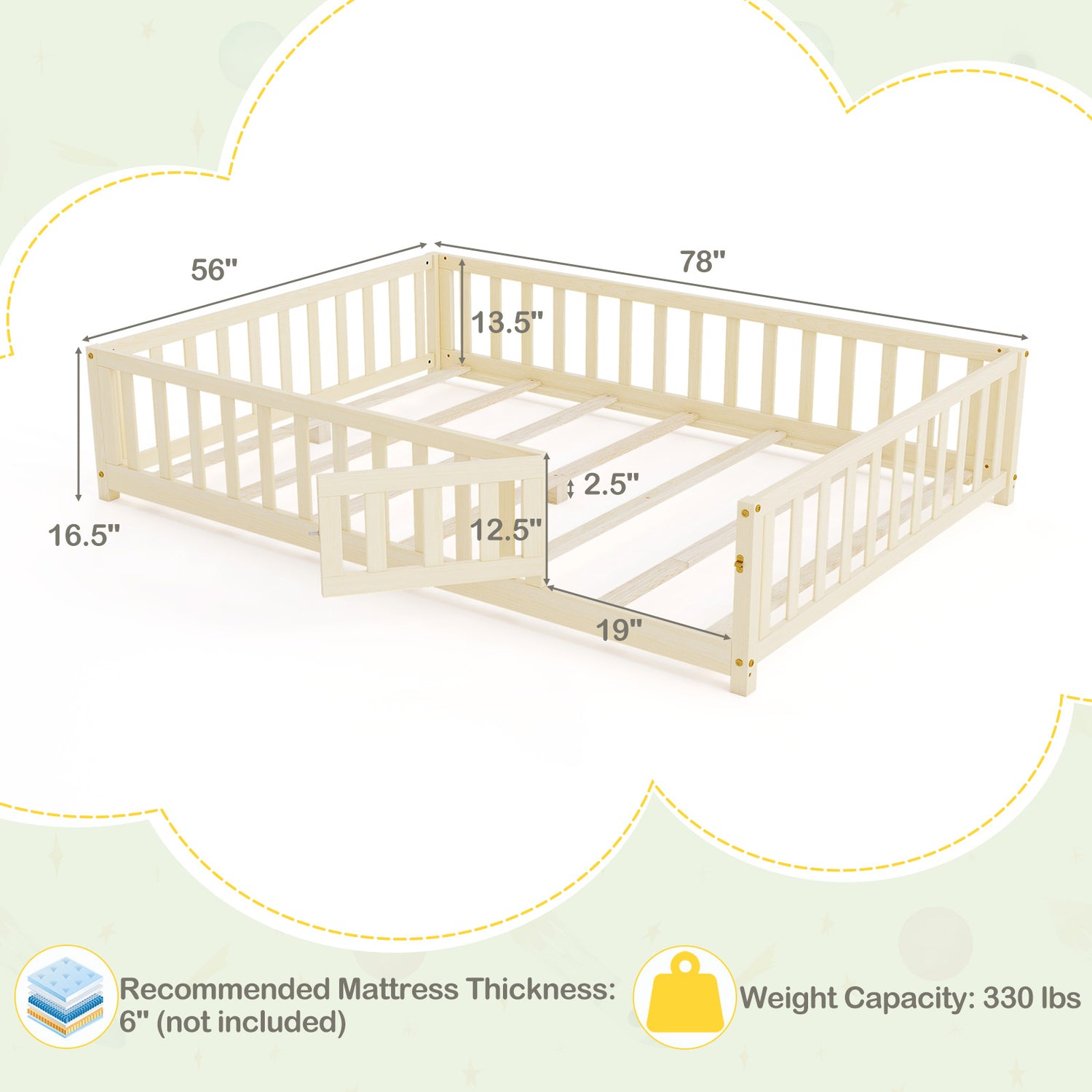 Montessori Bed Frame with Full-length Guardrails Safety Door and Latch