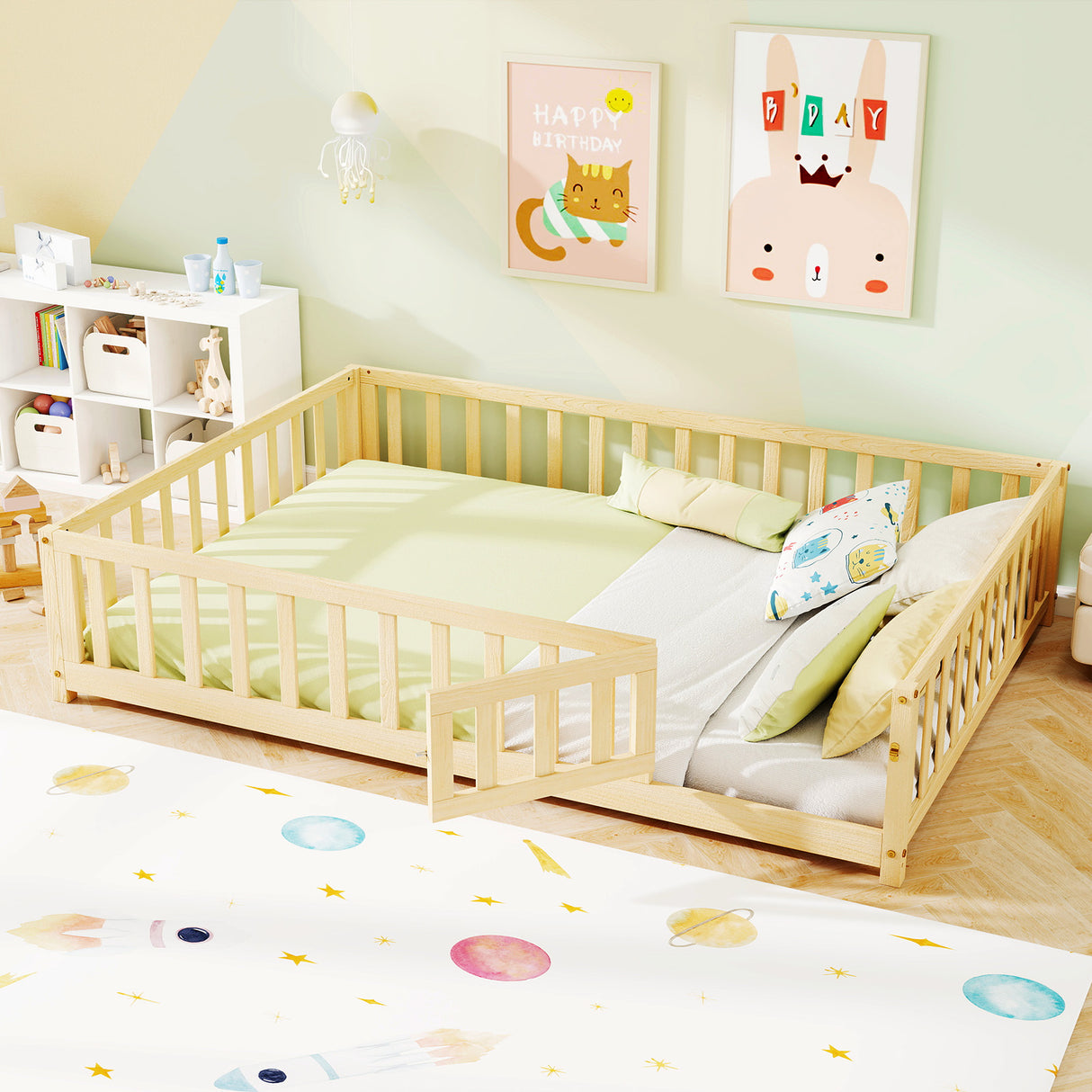 Montessori Bed Frame with Full-length Guardrails Safety Door and Latch