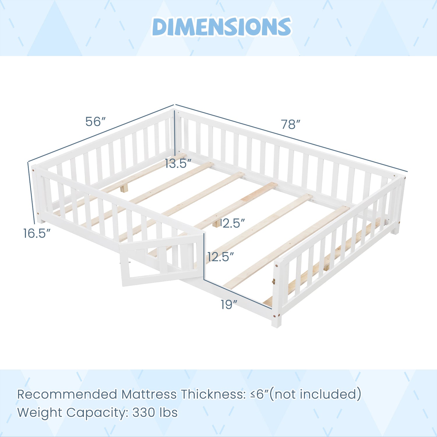 Montessori Bed Frame with Full-length Guardrails Safety Door and Latch