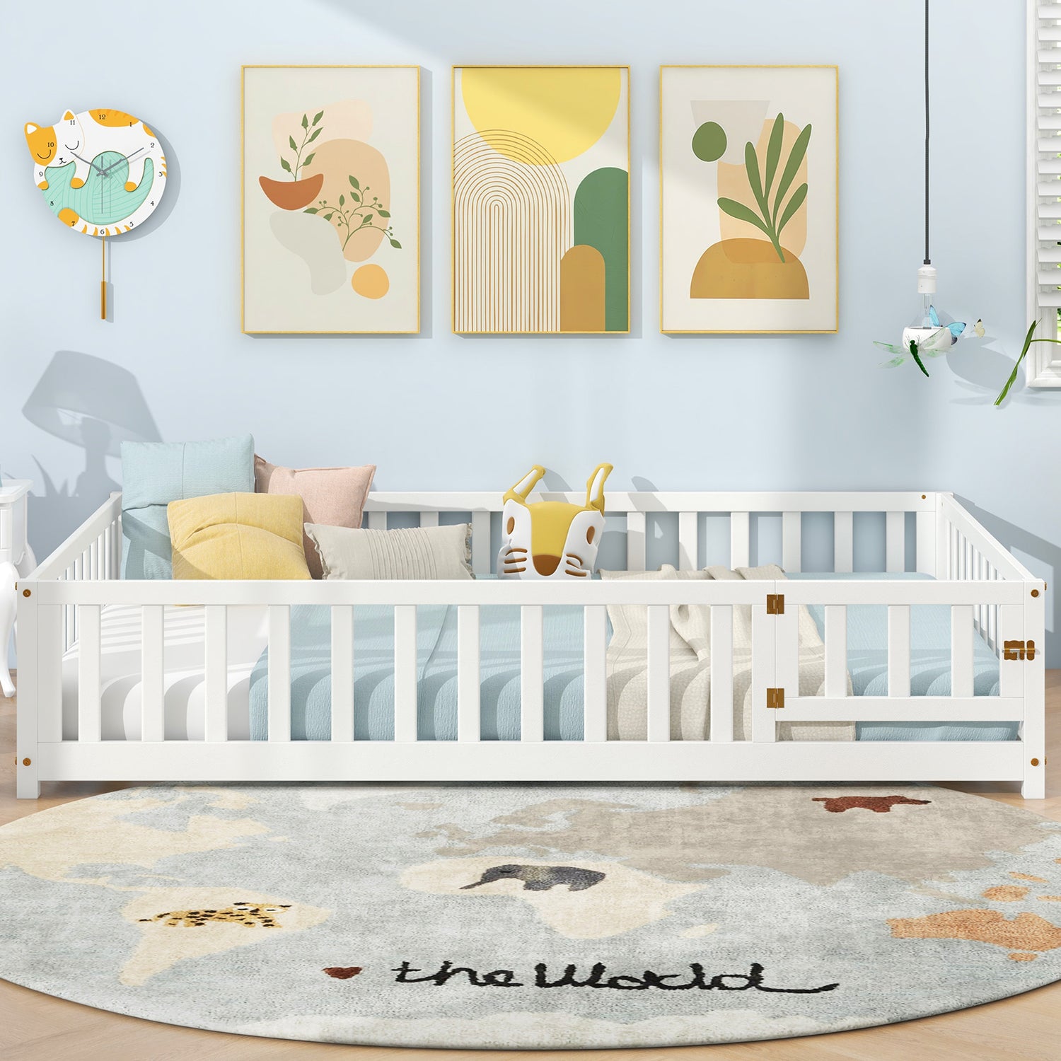 Montessori Bed Frame with Full-length Guardrails Safety Door and Latch