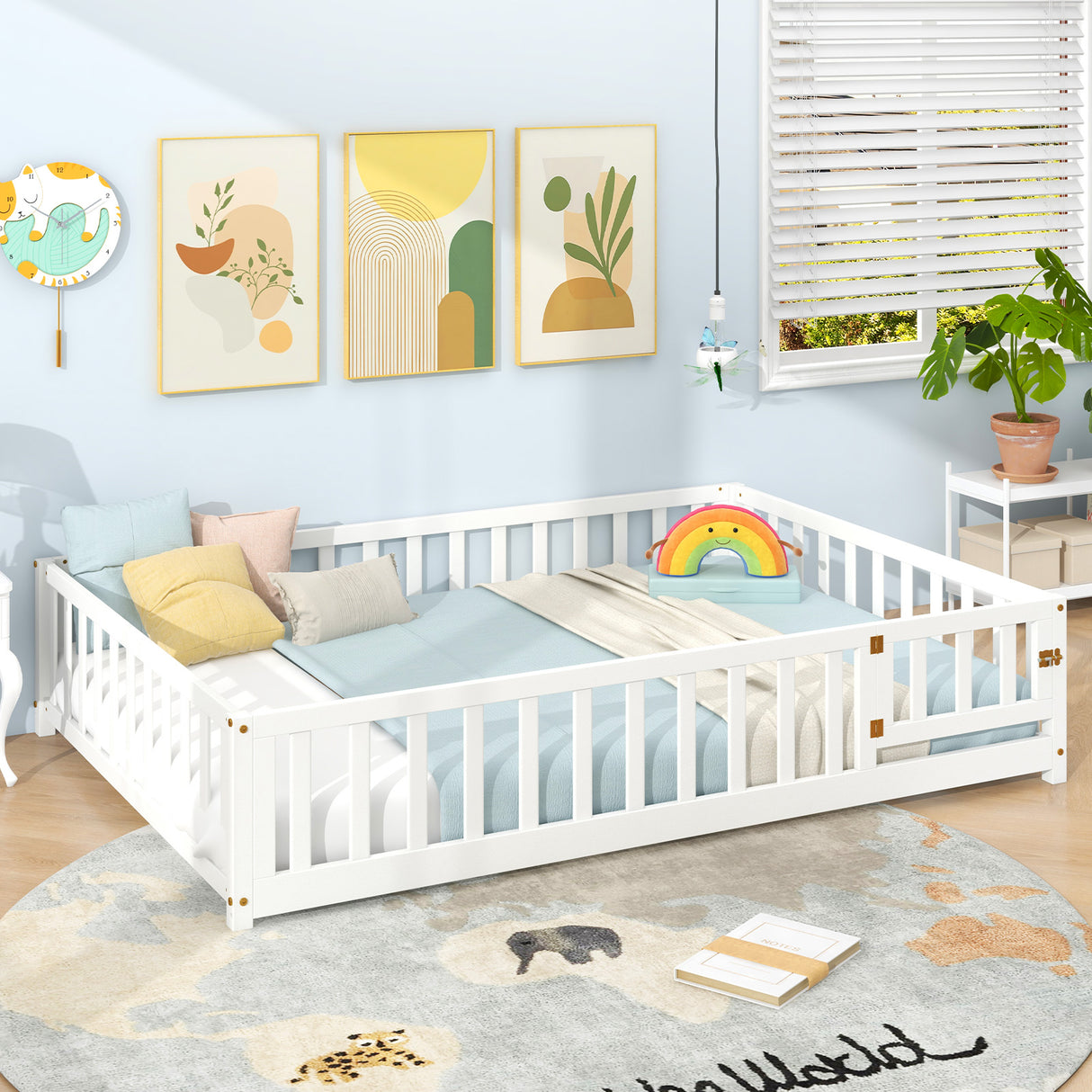 Montessori Bed Frame with Full-length Guardrails Safety Door and Latch