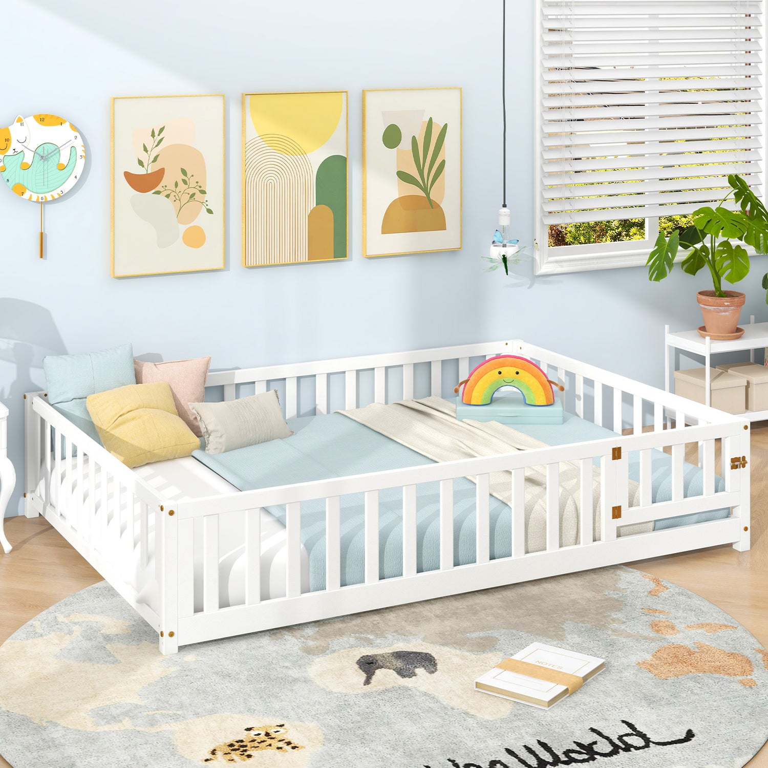 Montessori Bed Frame with Full-length Guardrails Safety Door and Latch