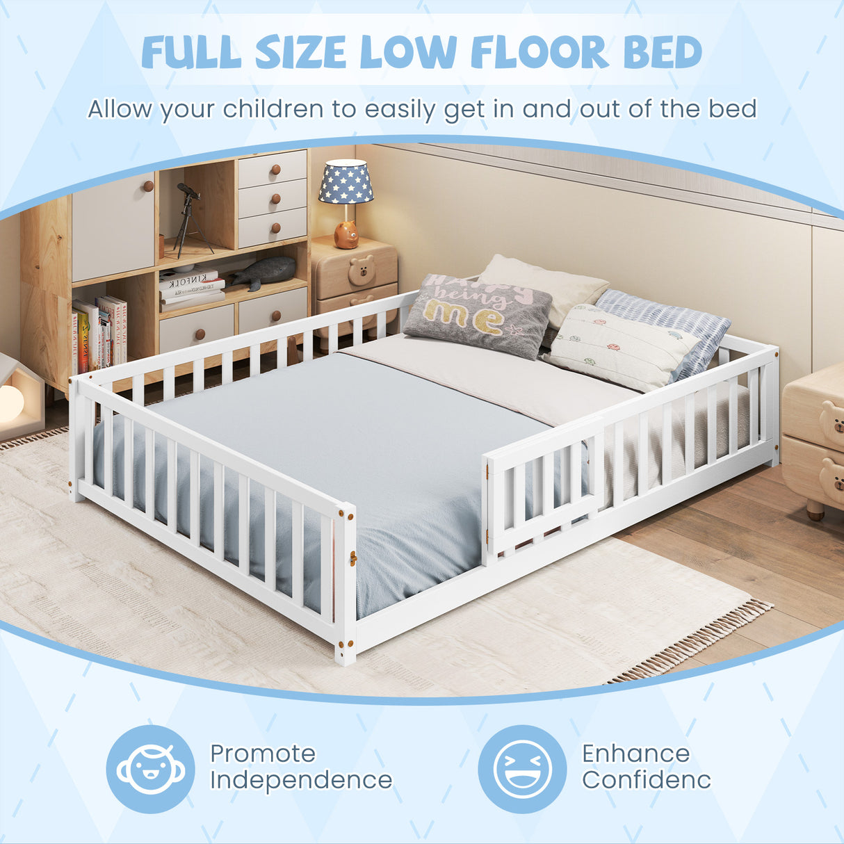 Montessori Bed Frame with Full-length Guardrails Safety Door and Latch