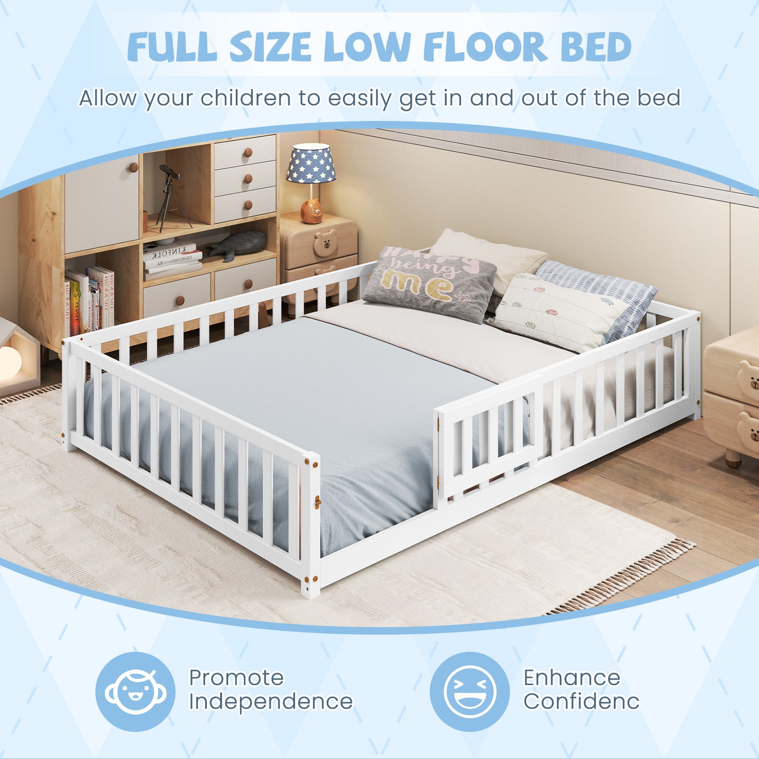 Montessori Bed Frame with Full-length Guardrails Safety Door and Latch