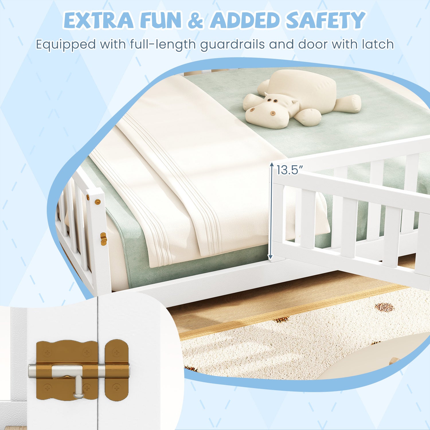 Montessori Bed Frame with Full-length Guardrails Safety Door and Latch