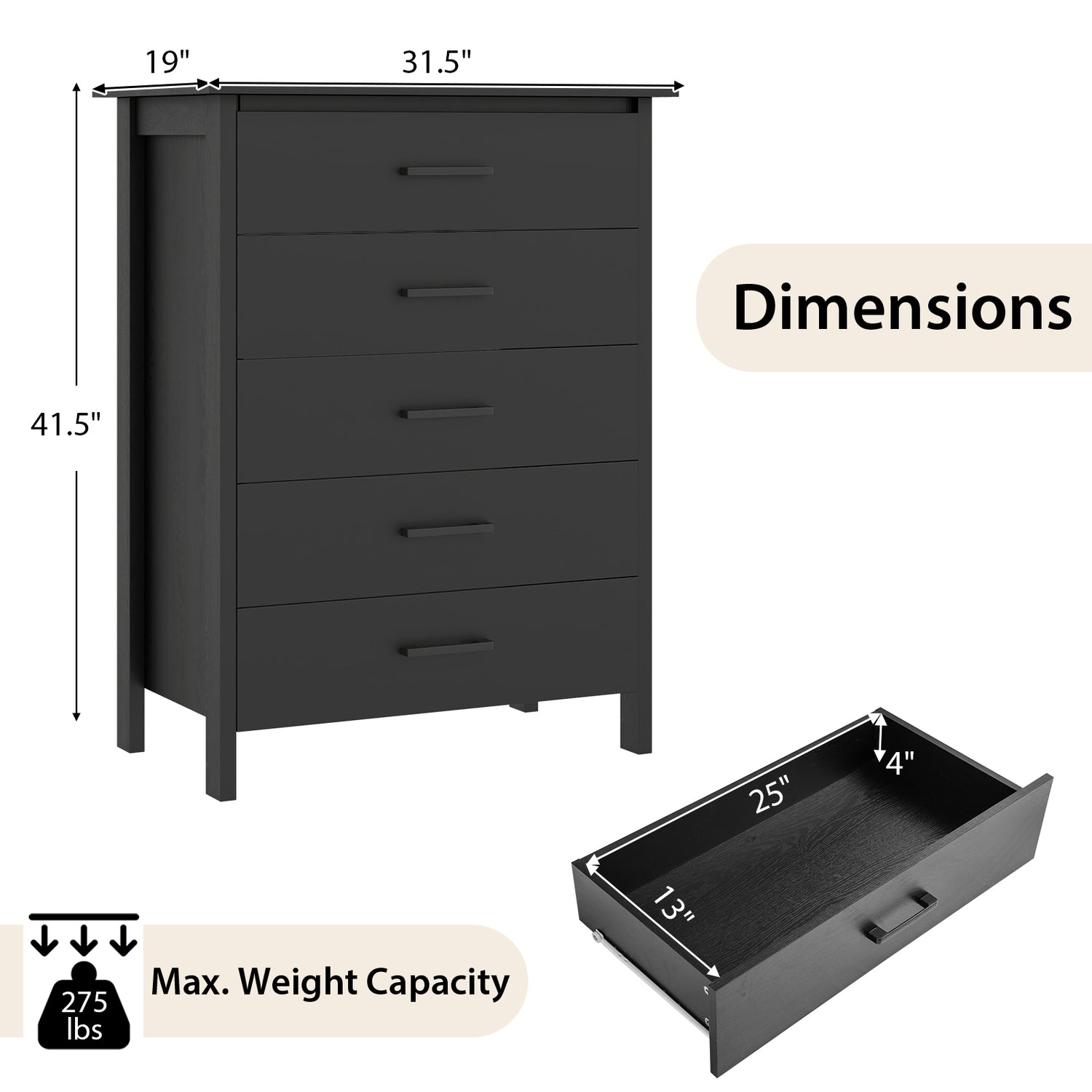 Modern 5-Drawer Multipurpose Chest Dresser with Metal Handles