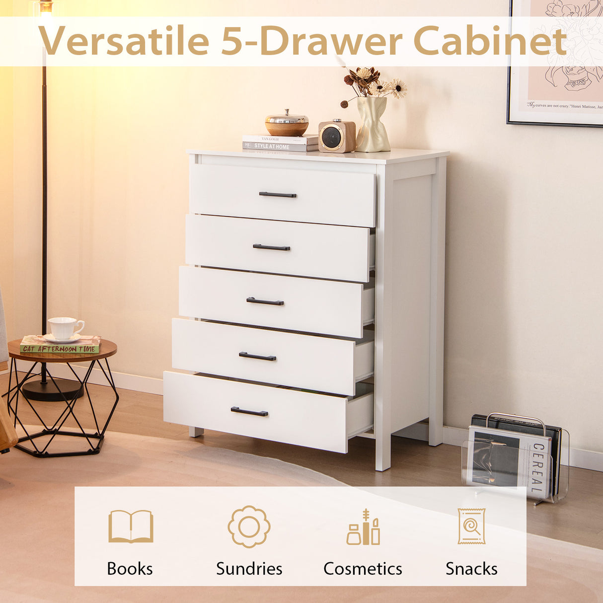 Modern 5-Drawer Multipurpose Chest Dresser with Metal Handles