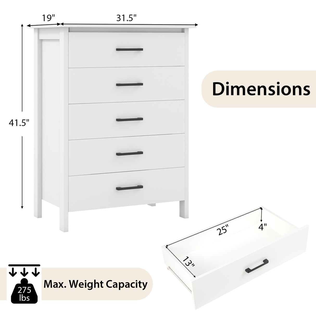 Modern 5-Drawer Multipurpose Chest Dresser with Metal Handles