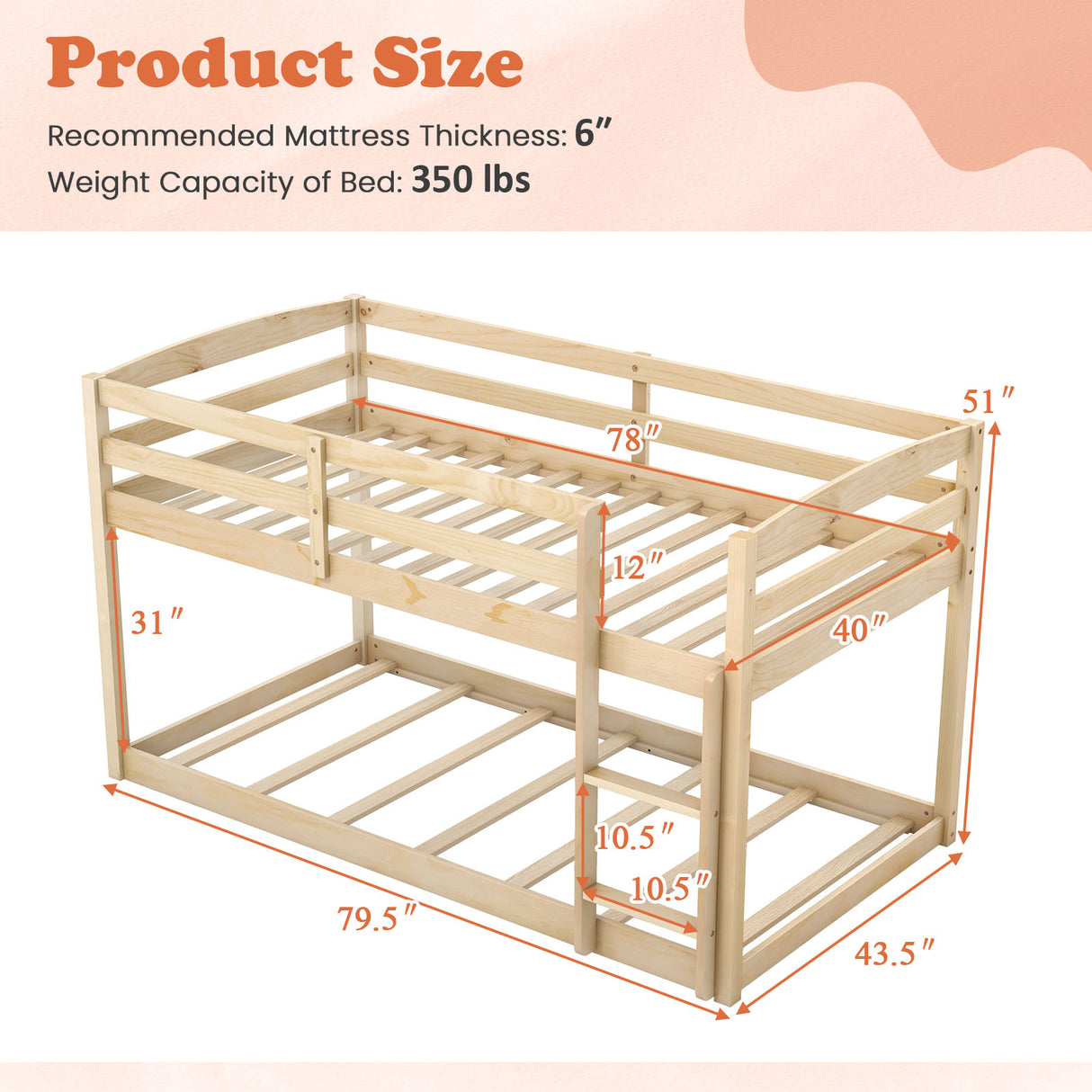 Twin Size Bunk Bed with High Guardrails and Integrated Ladder