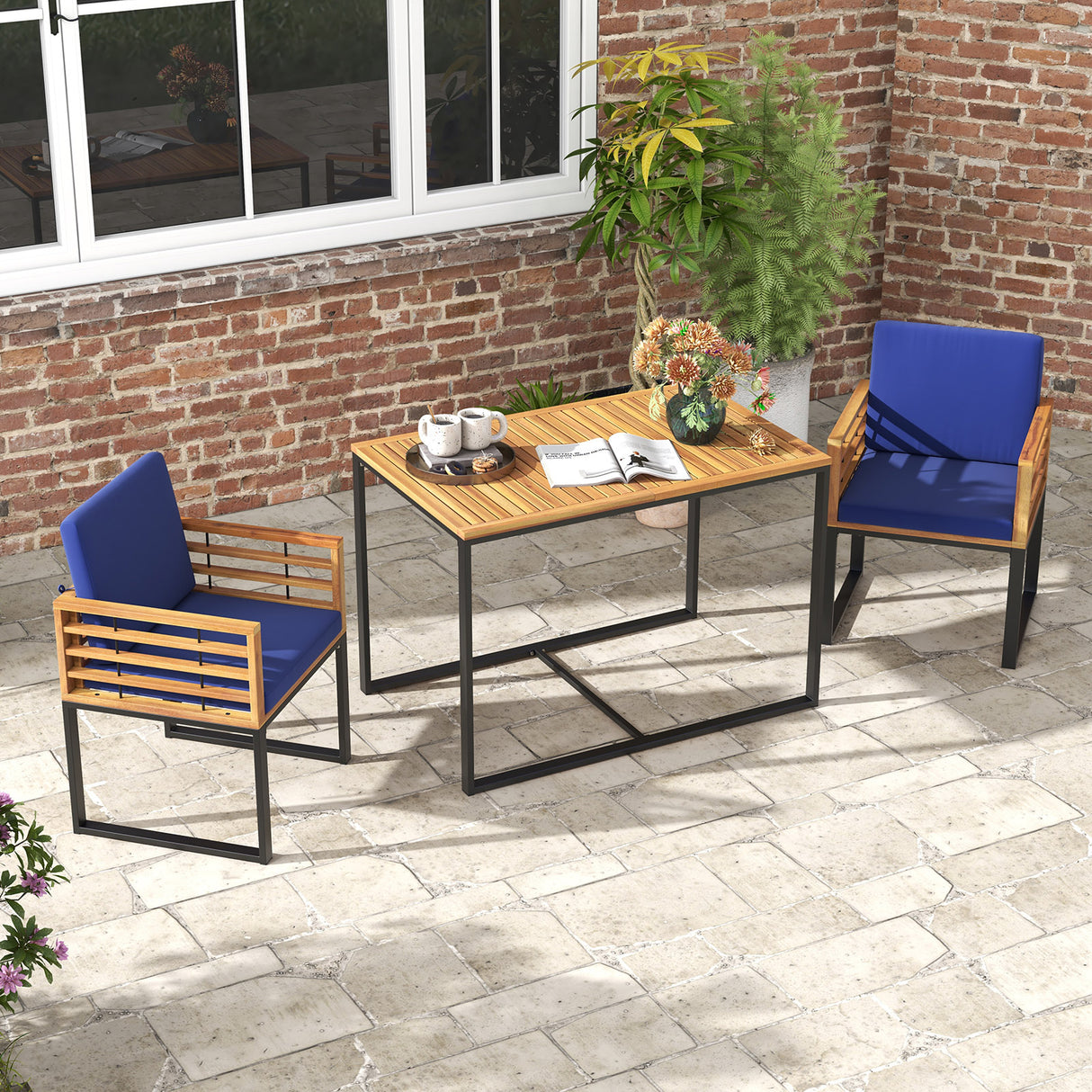 3 Pieces Outdoor Dining Set with 2 Acacia Wood Armchairs and Dining Table-Navy