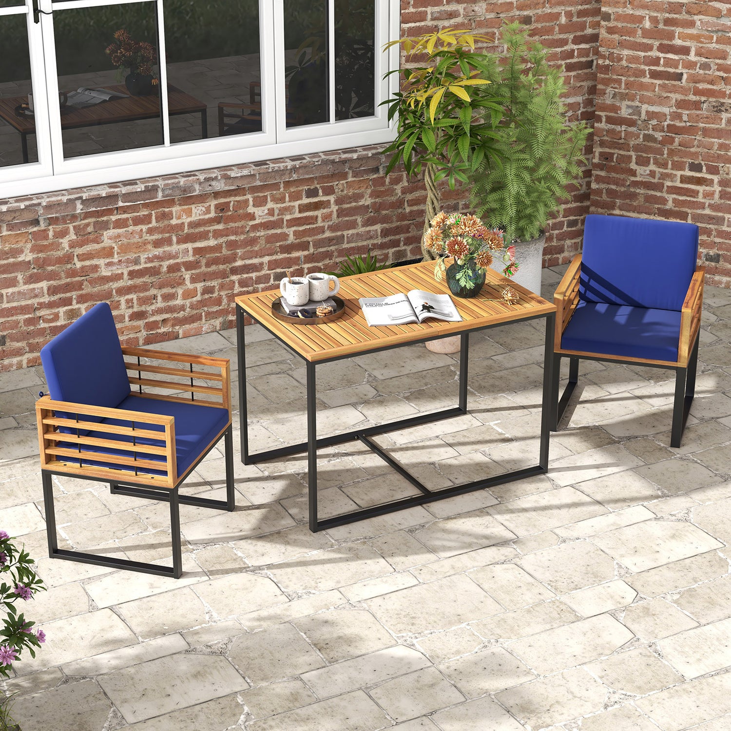 3 Pieces Outdoor Dining Set with 2 Acacia Wood Armchairs and Dining Table-Navy