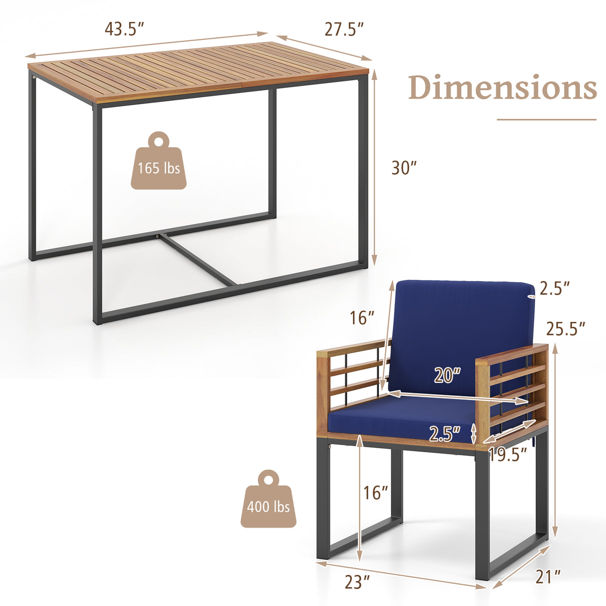 3 Pieces Outdoor Dining Set with 2 Acacia Wood Armchairs and Dining Table-Navy