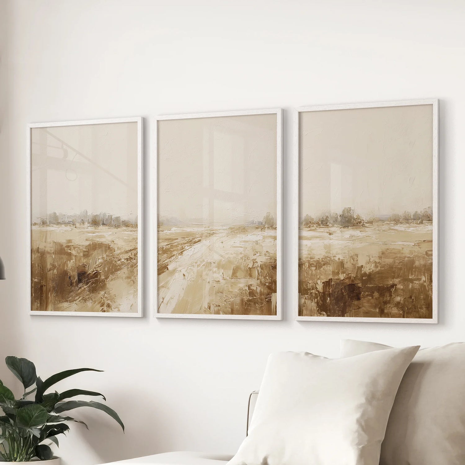 Neutral Abstract Landscape Art. Beige Farmhouse Triptych