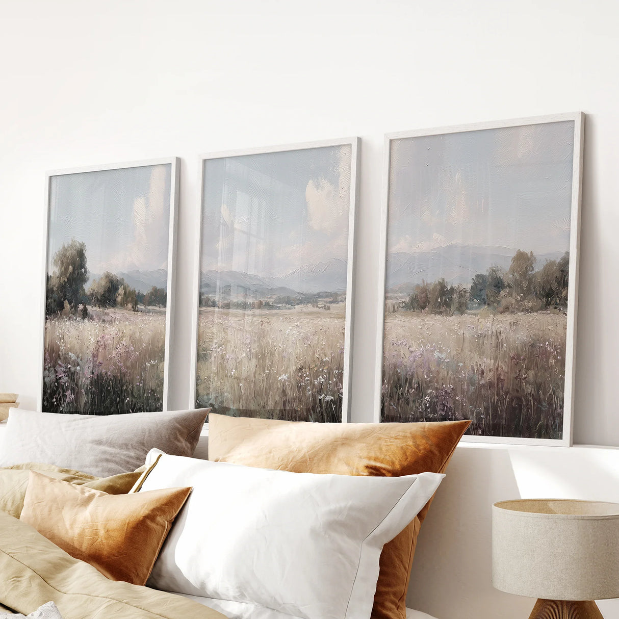 Pastel Meadow Landscape. Set of 3 Wildflower Prints