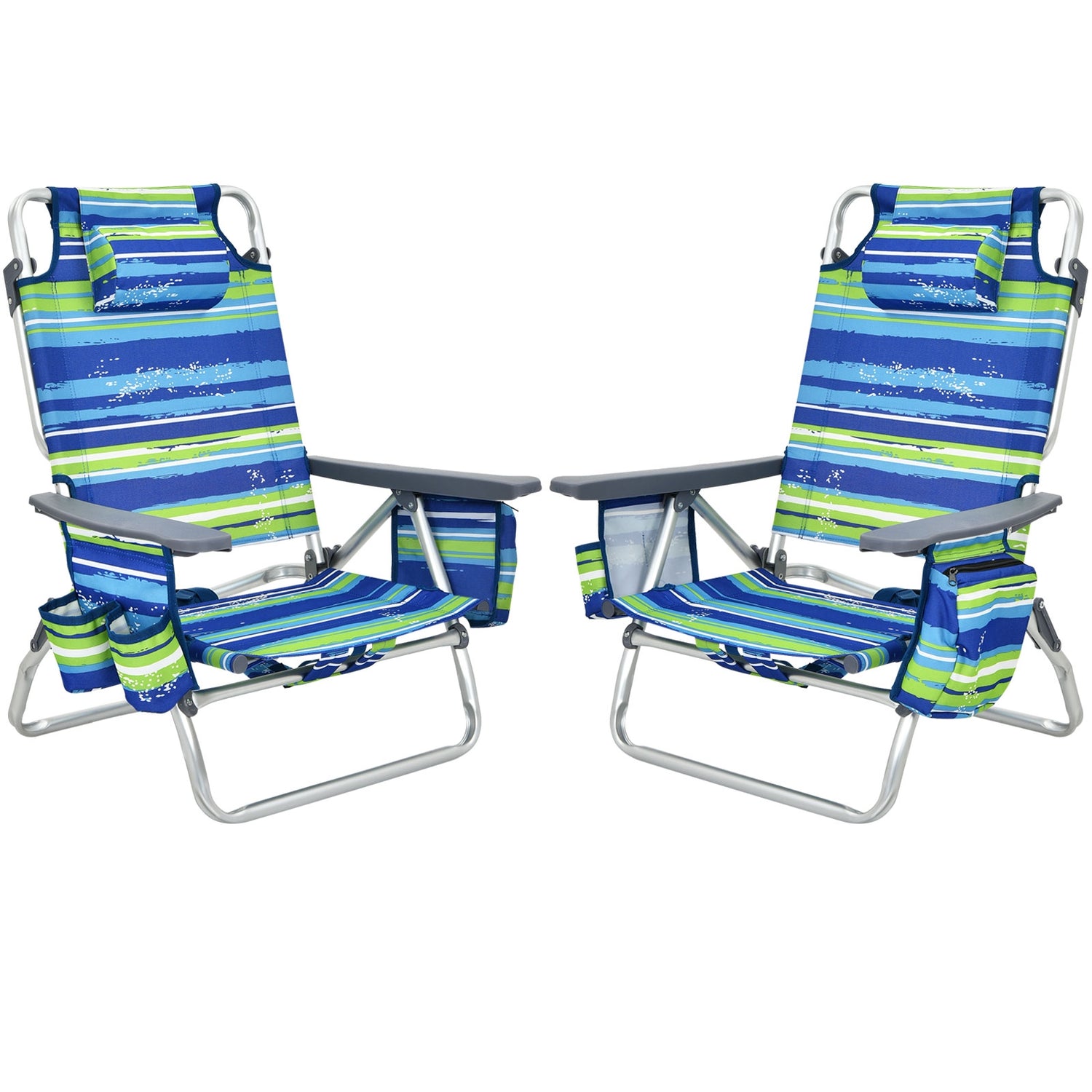 2-Pack Folding Backpack Beach Chair 5-Position Outdoor Reclining Chairs with Pillow