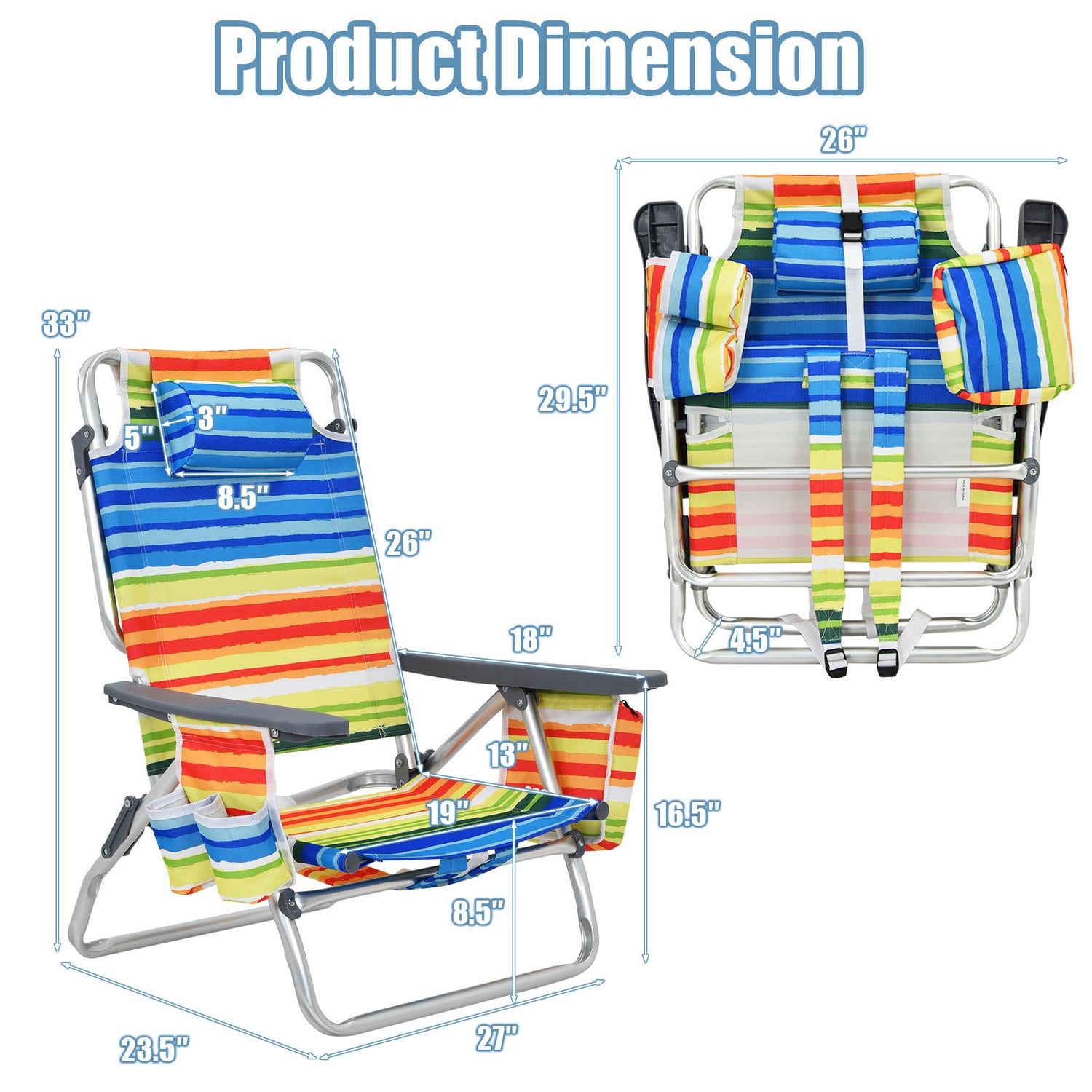 2-Pack Folding Backpack Beach Chair 5-Position Outdoor Reclining Chairs with Pillow