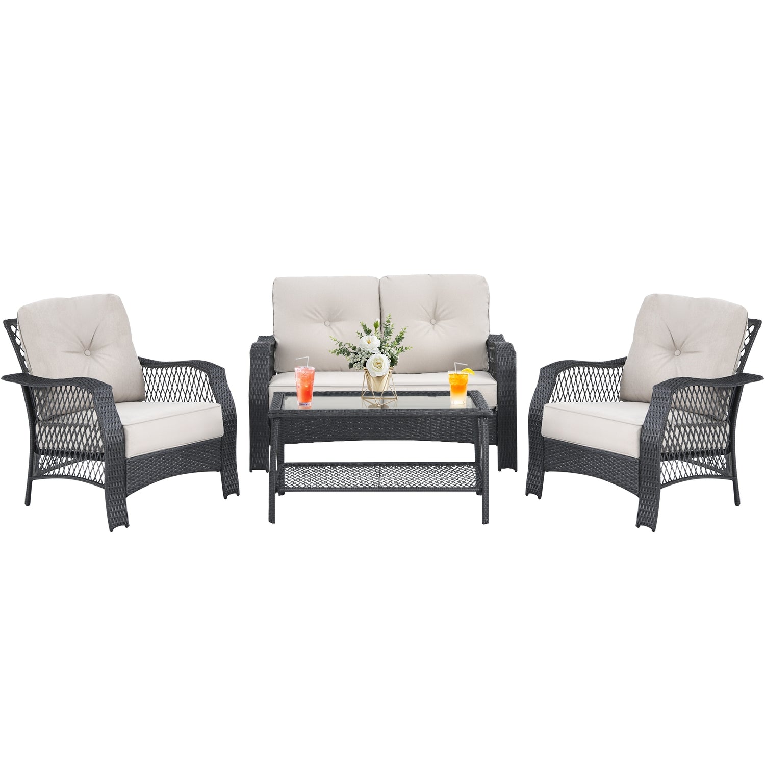 4 Pieces Patio Wicker Furniture Set Loveseat Sofa Coffee Table with Cushion-Beige