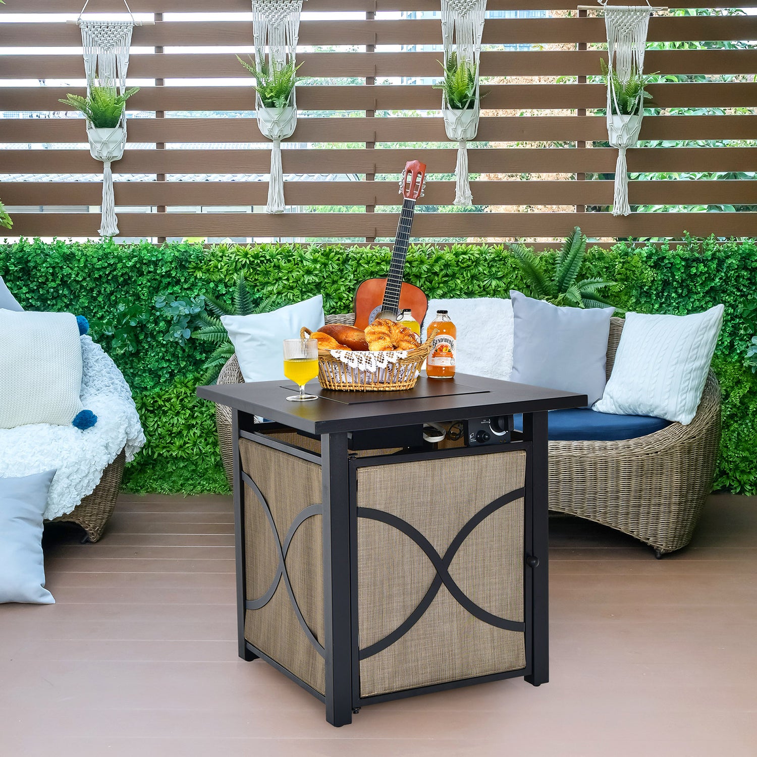 25 Inch 40000 BTU Propane Fire Pit Table with Lid and Fire Glass