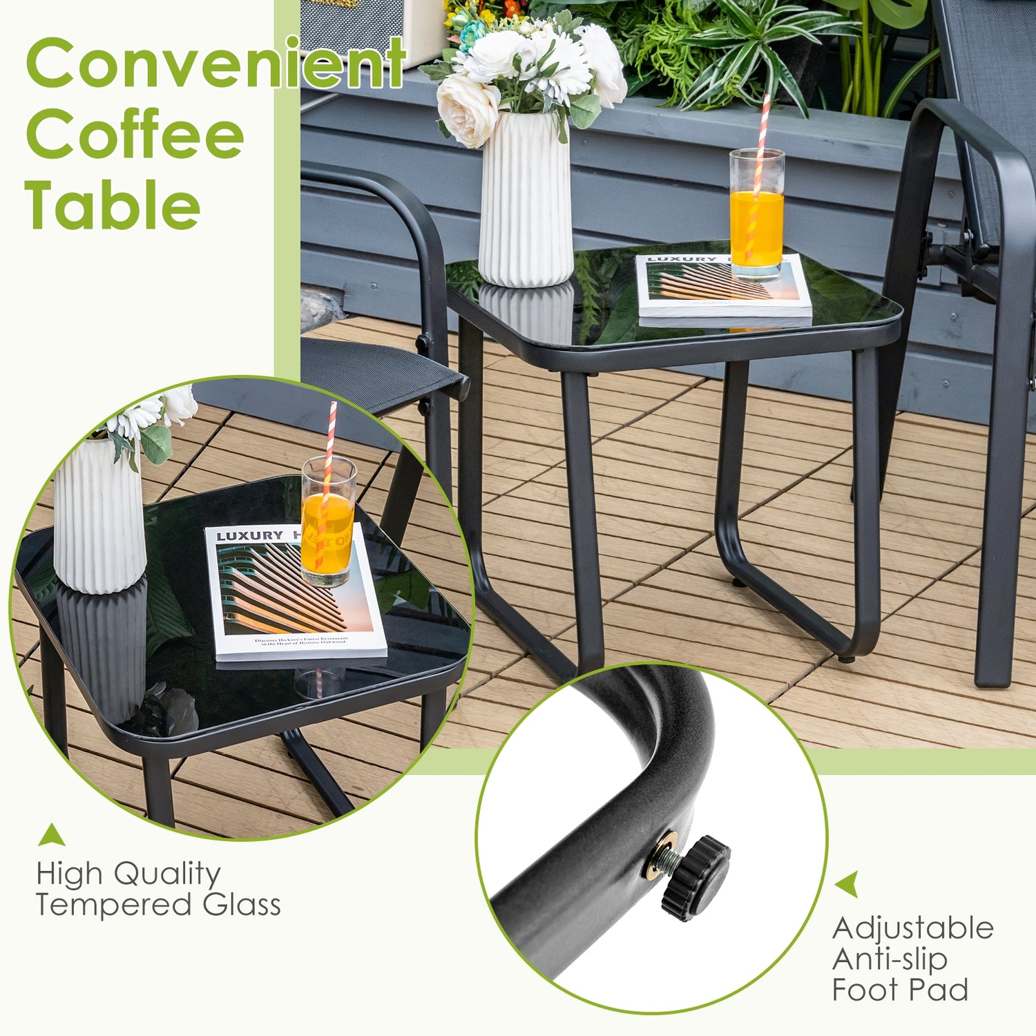 3 Pieces Patio Bistro Furniture Set with Adjustable Backrest