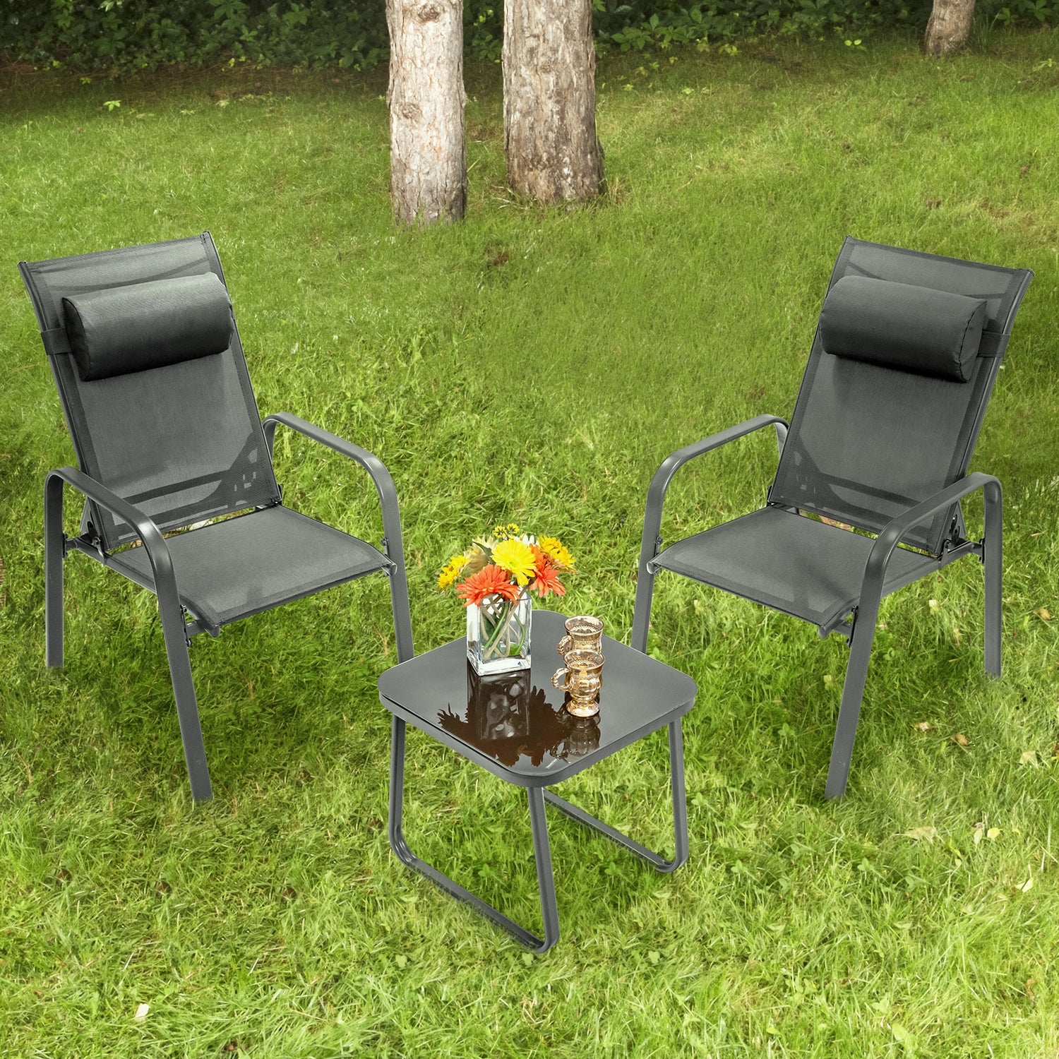3 Pieces Patio Bistro Furniture Set with Adjustable Backrest