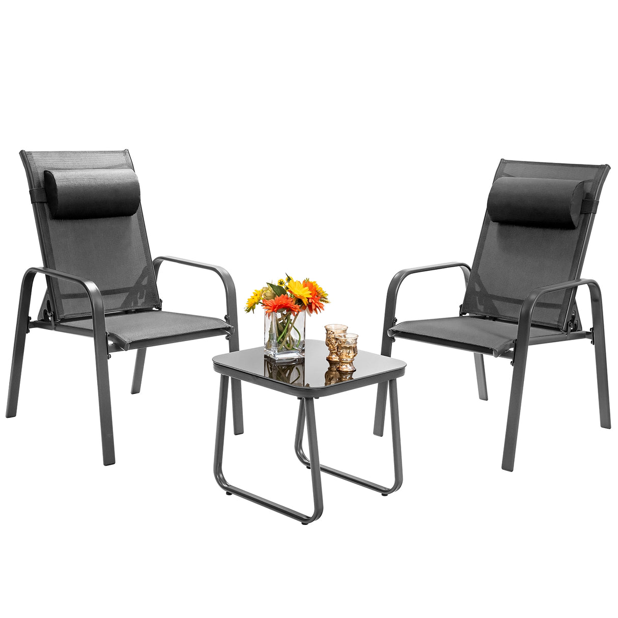 3 Pieces Patio Bistro Furniture Set with Adjustable Backrest