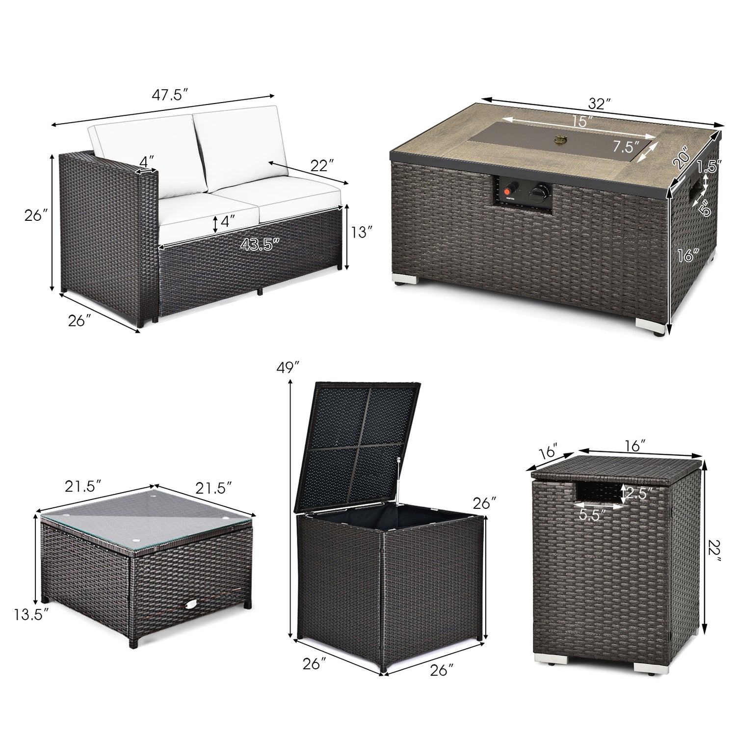 6 Pieces Outdoor Wicker Furniture Set with 32 Inch Propane Fire Pit Table