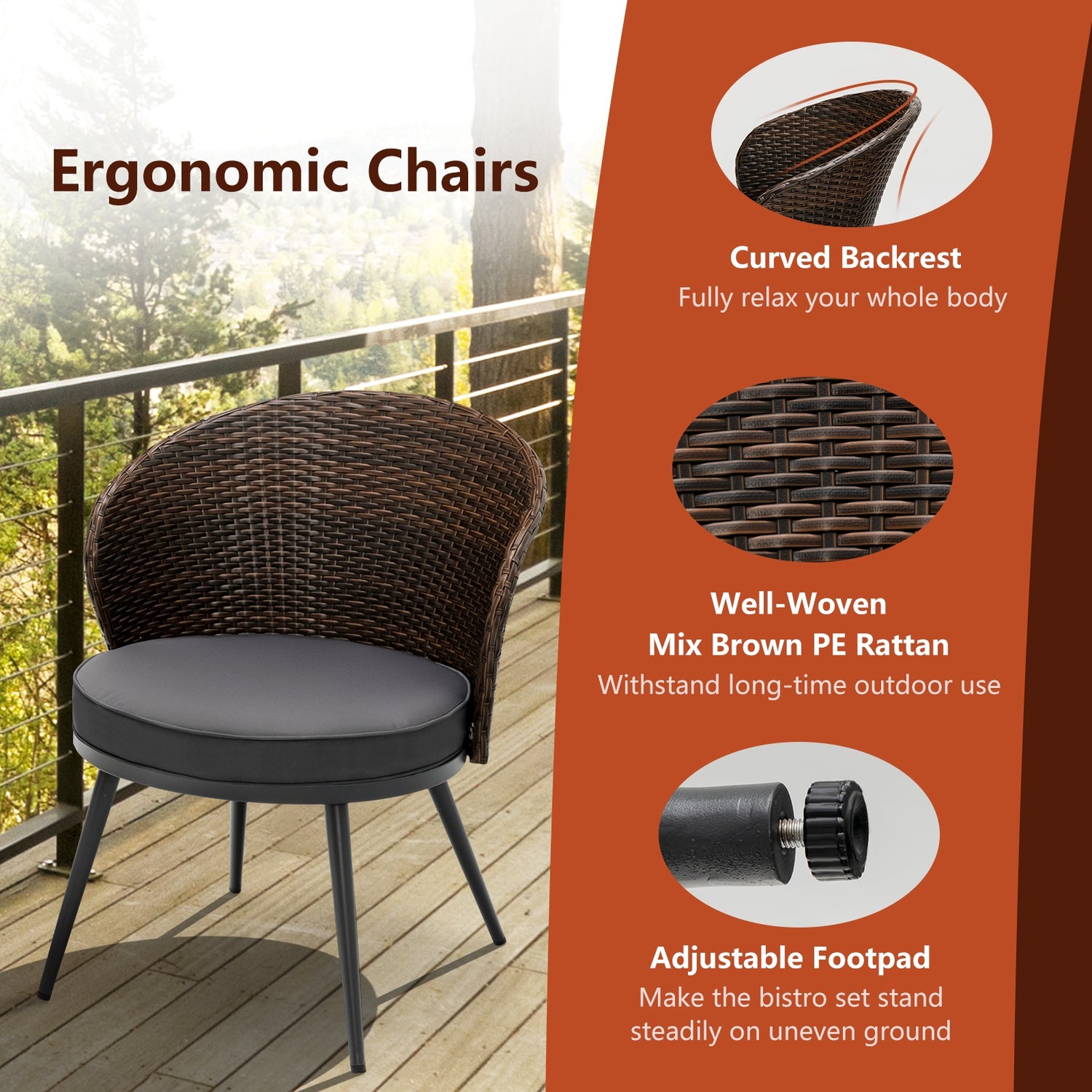 3 Pieces Patio Rattan Bistro Set with 2 Seat Cushions and Tempered Glass Tabletop-Brown