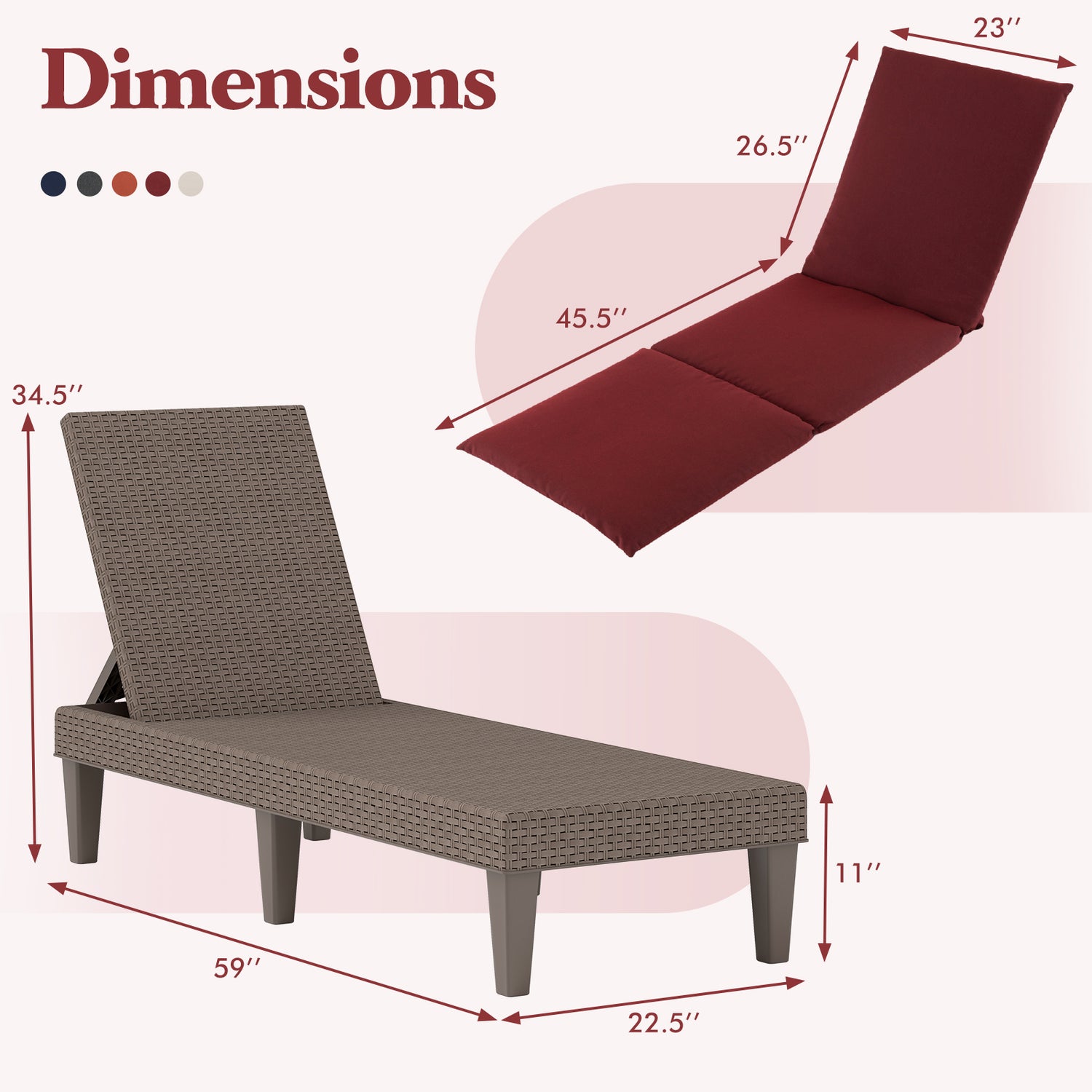 Patio Lounge Outdoor Recliner Chair with Cushion 3-Position Adjustable Backrest