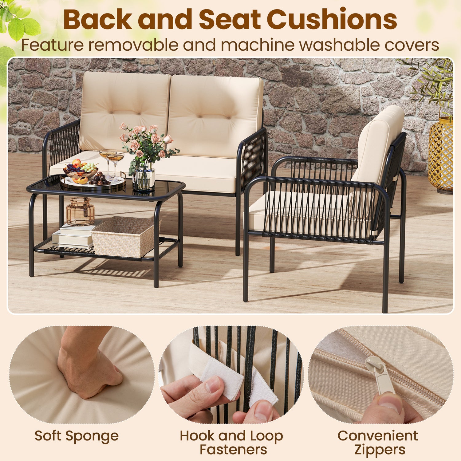 4 Pieces Patio Furniture Set PE Rattan Sofa Chairs with Loveseat-Beige