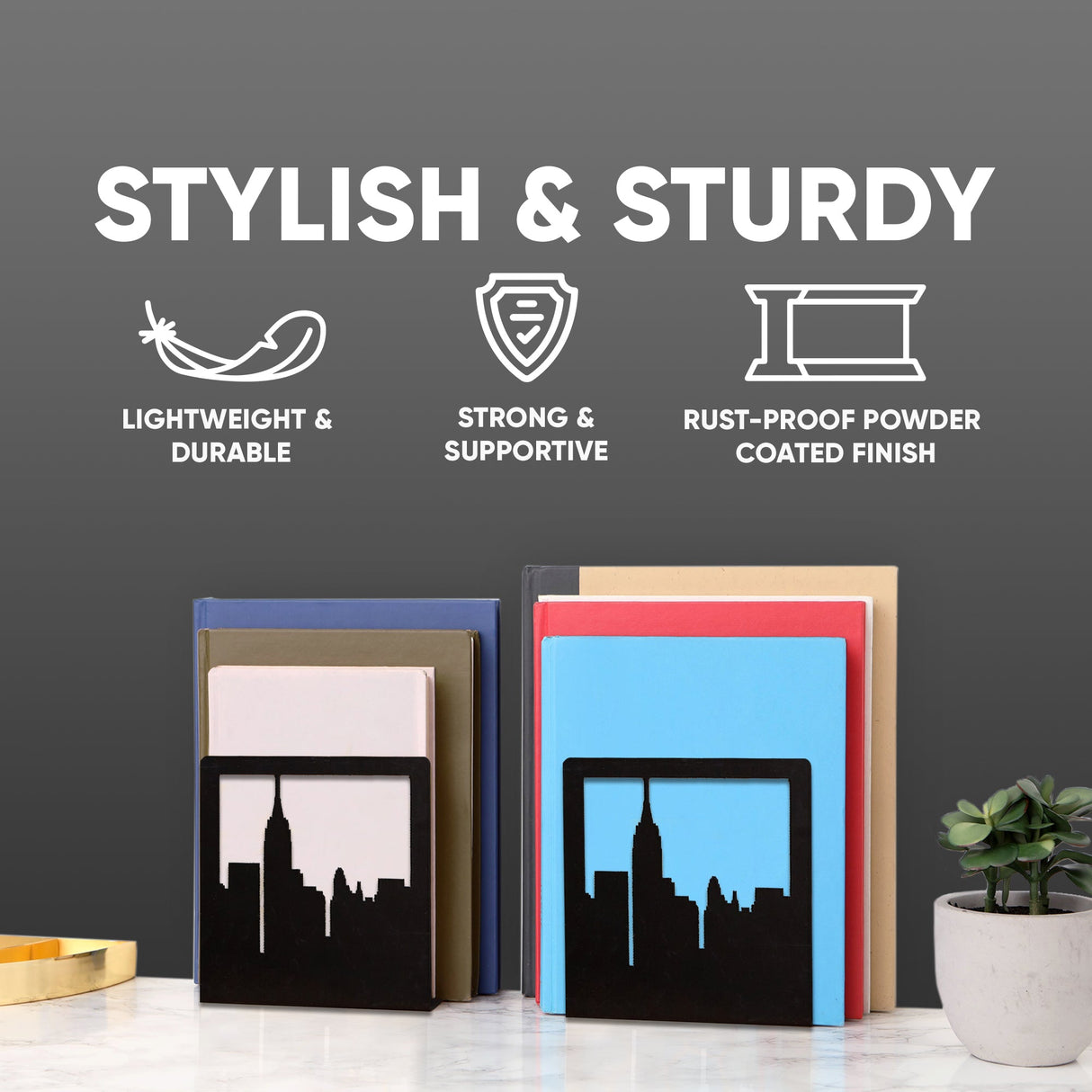 NYC Skyline Bookends 2-Pack – Metal Book Ends by Geomod