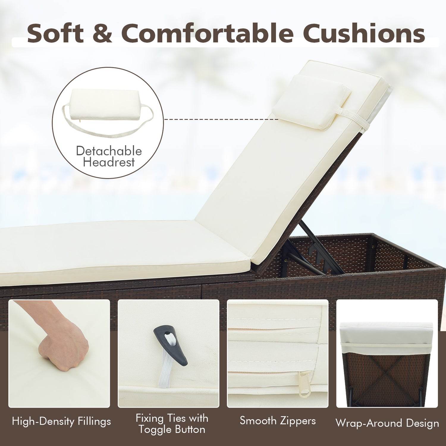 Patio Chaise Lounge Set of 2 with Backrest Seat Cushion and Headrest