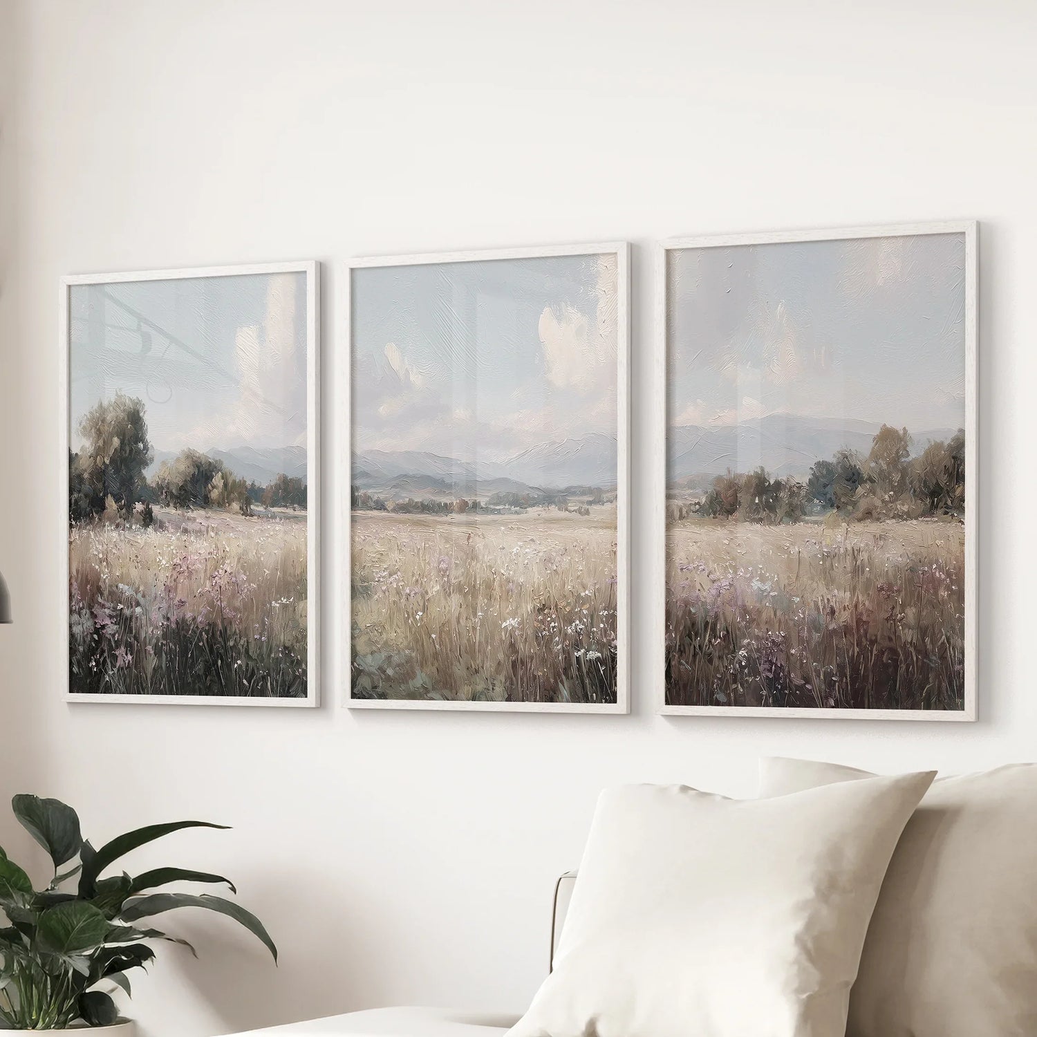 Pastel Meadow Landscape. Set of 3 Wildflower Prints