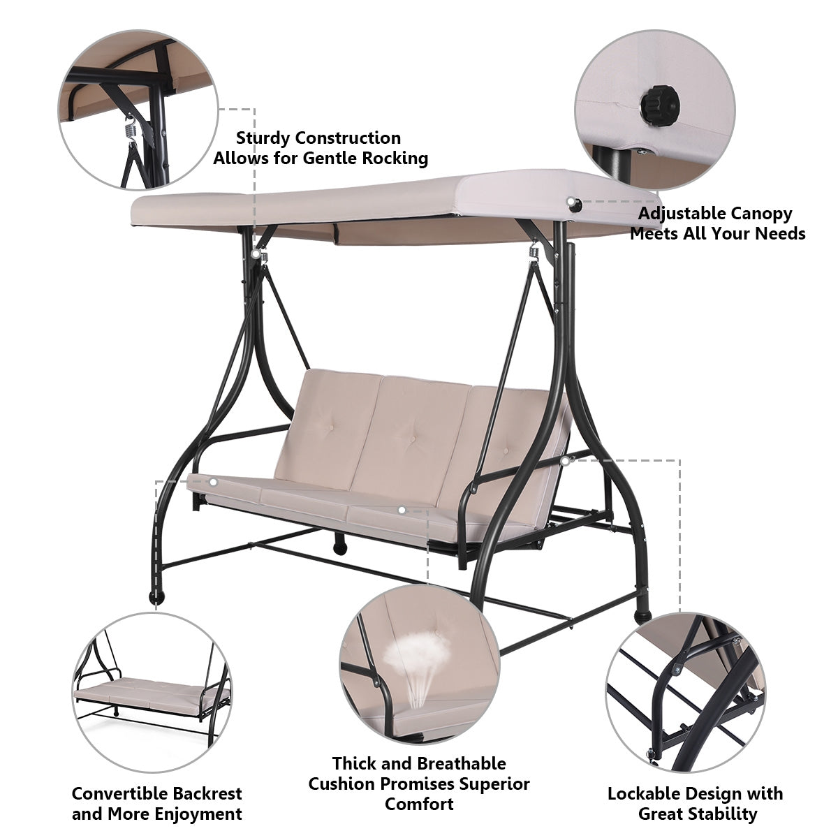 3 Seats Converting Outdoor Swing Canopy Hammock with Adjustable Tilt Canopy