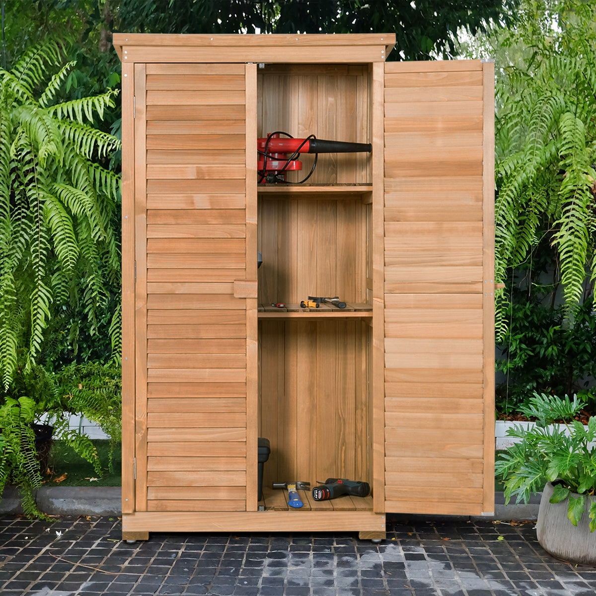 63 Inch Tall Wooden Garden Storage Shed in Shutter Design