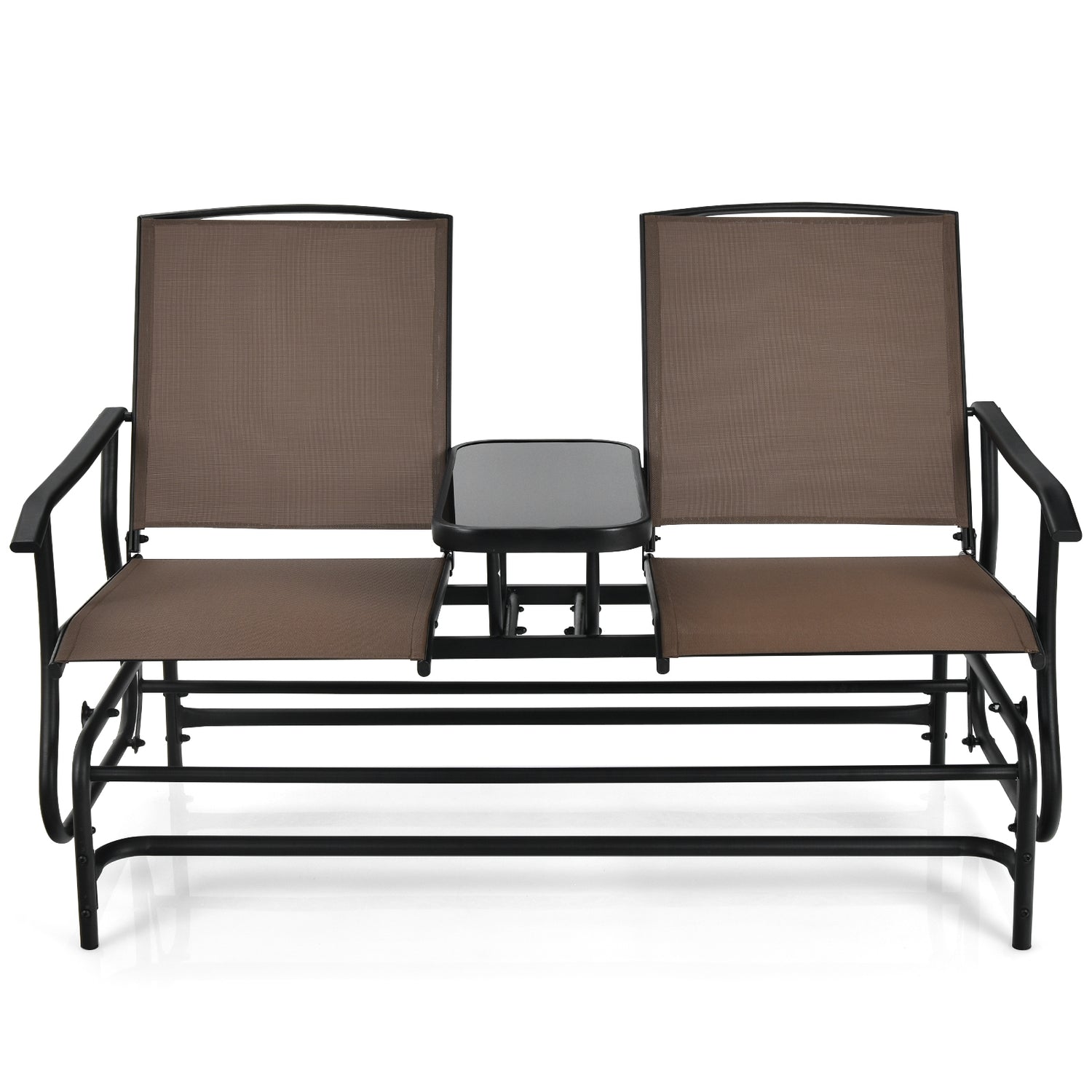 2-Person Rocking Loveseat with Mesh Fabric and Tempered Glass Table