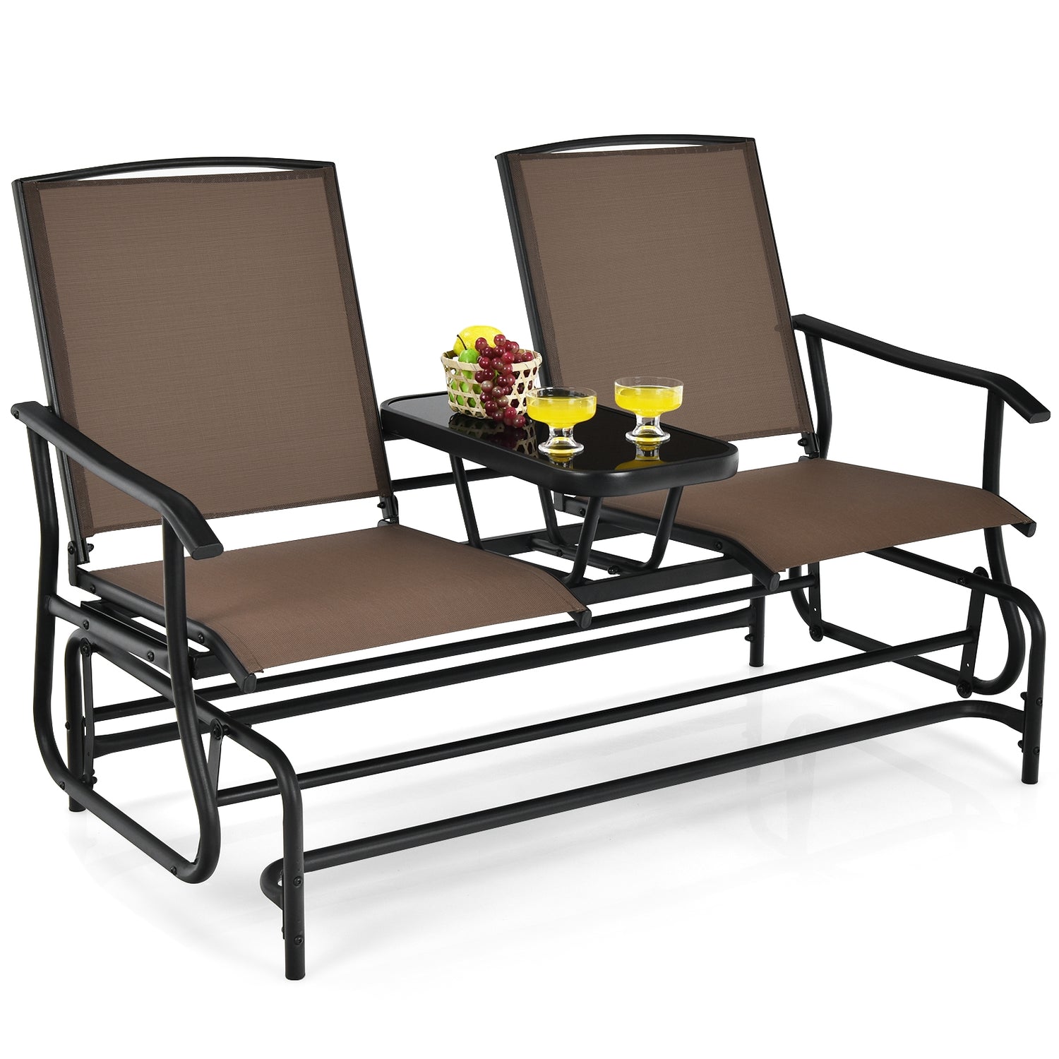 2-Person Rocking Loveseat with Mesh Fabric and Tempered Glass Table