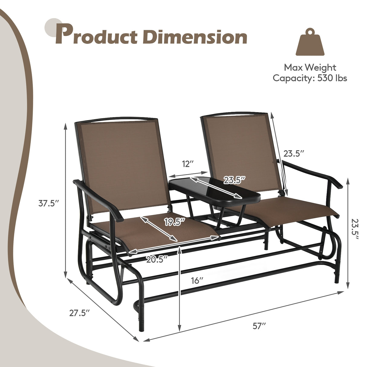 2-Person Rocking Loveseat with Mesh Fabric and Tempered Glass Table