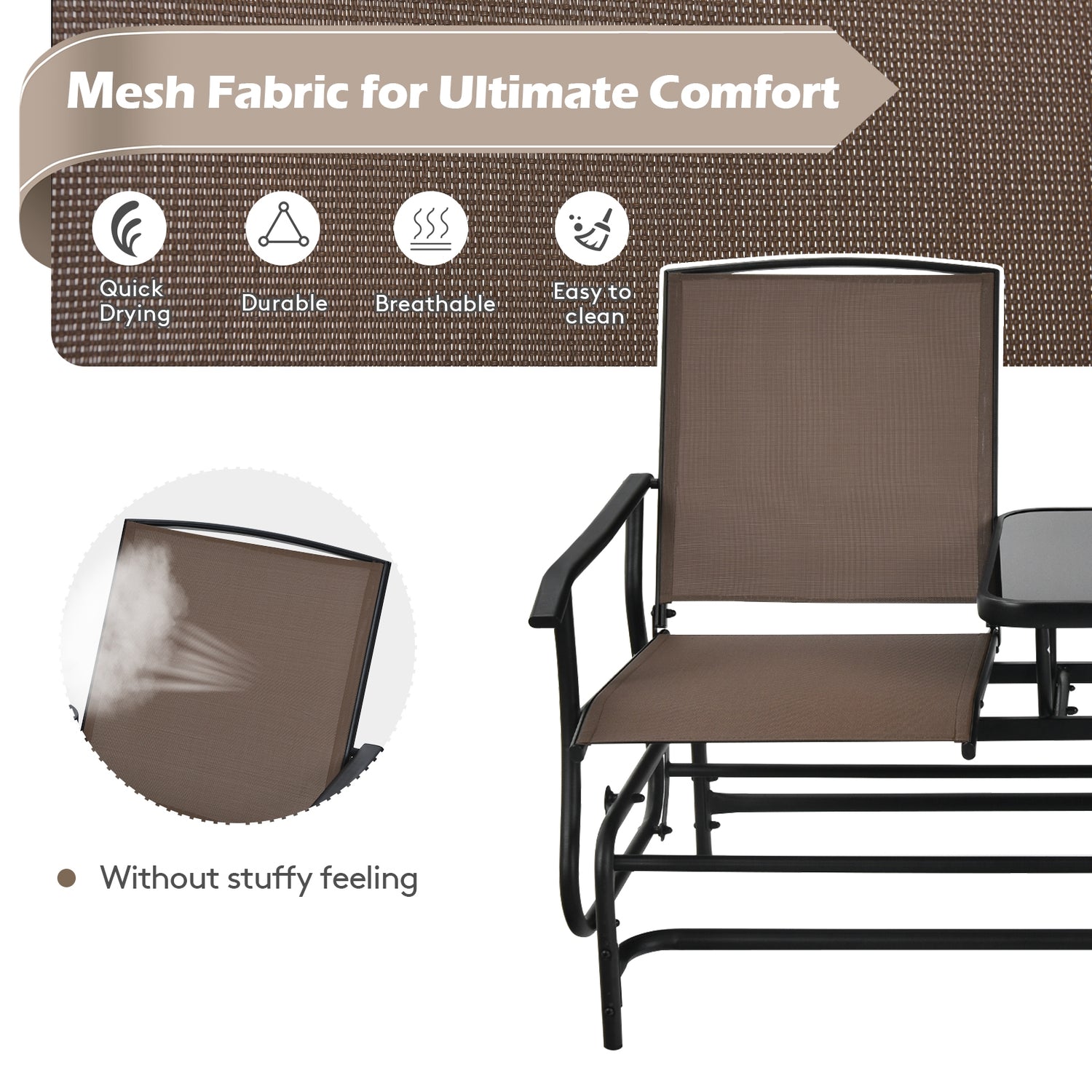 2-Person Rocking Loveseat with Mesh Fabric and Tempered Glass Table