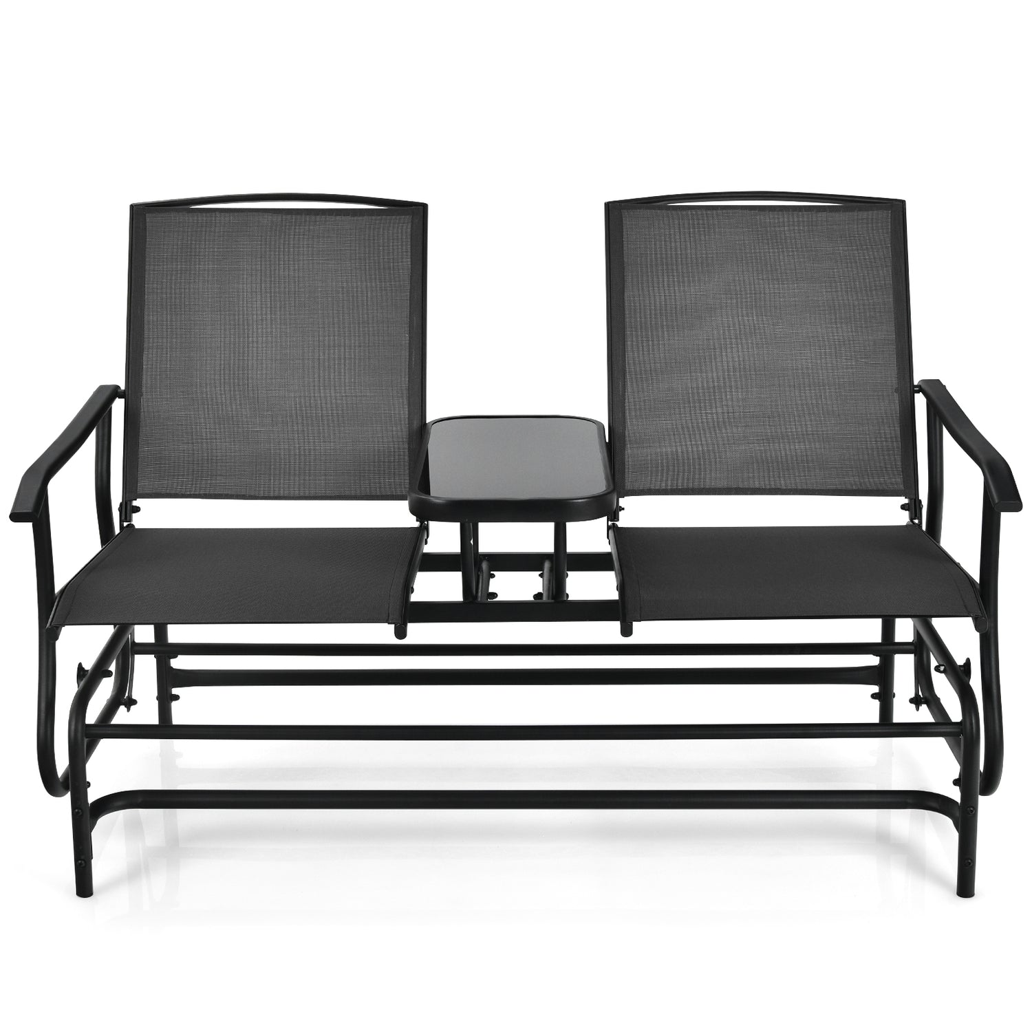 2-Person Rocking Loveseat with Mesh Fabric and Tempered Glass Table