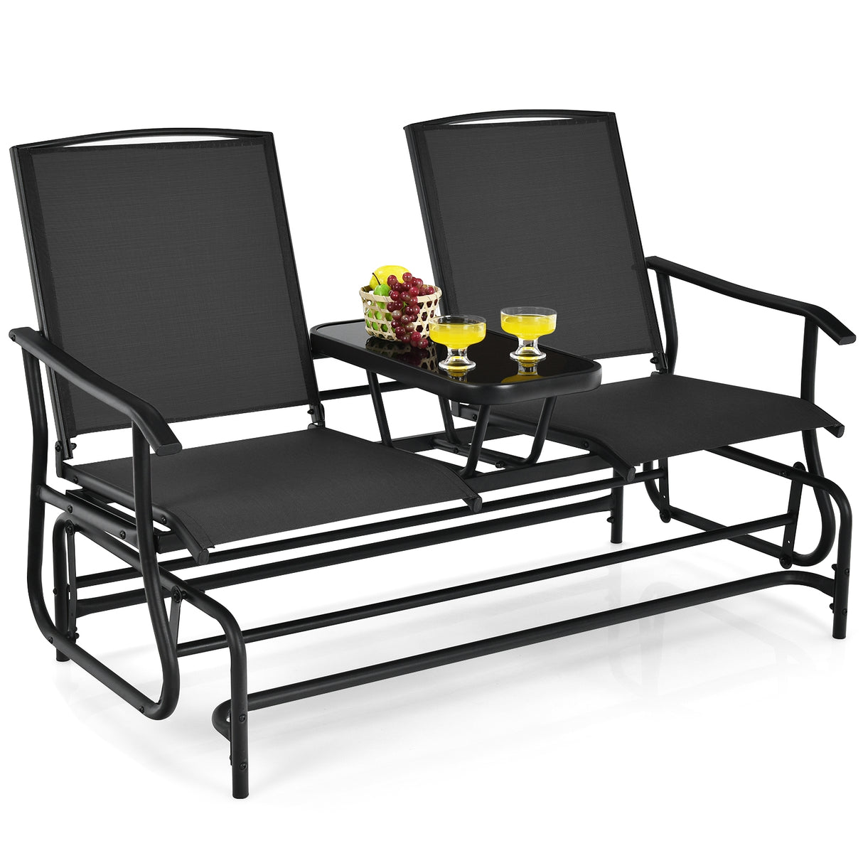 2-Person Rocking Loveseat with Mesh Fabric and Tempered Glass Table