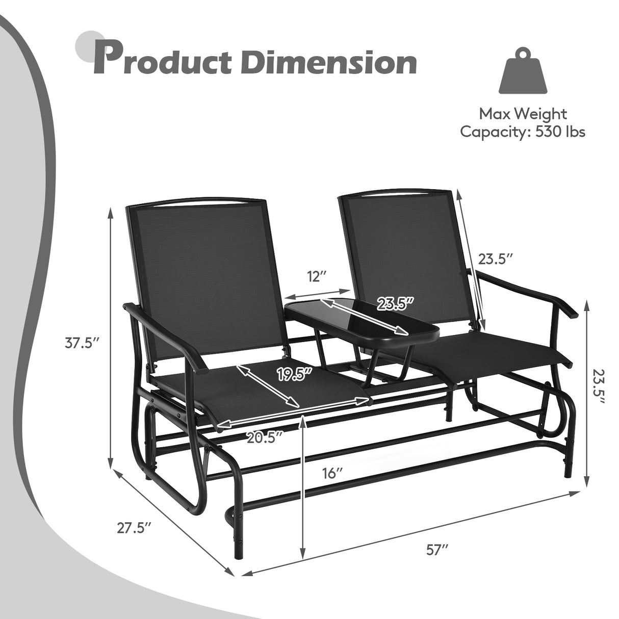 2-Person Rocking Loveseat with Mesh Fabric and Tempered Glass Table